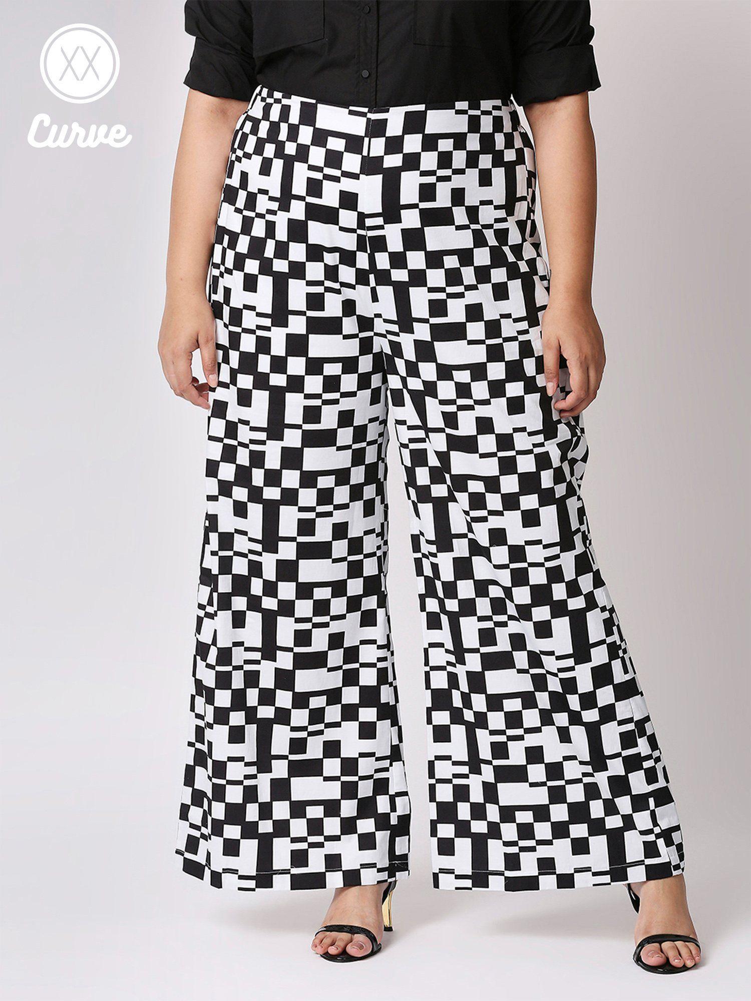 curve black and white geometric printed wide legged pants