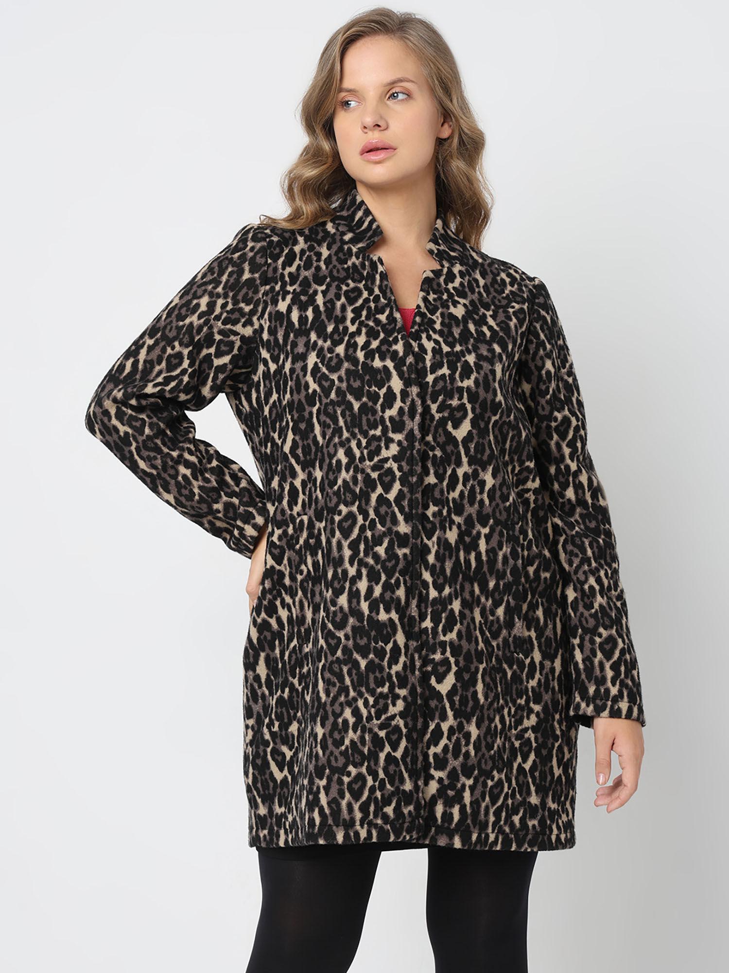 curve black animal print brushed coat