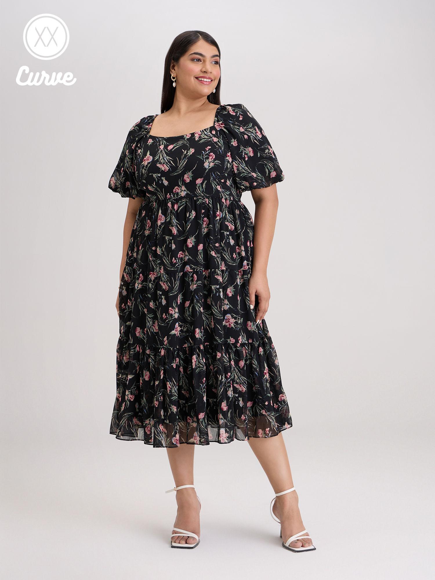 curve black floral square neck midi dress