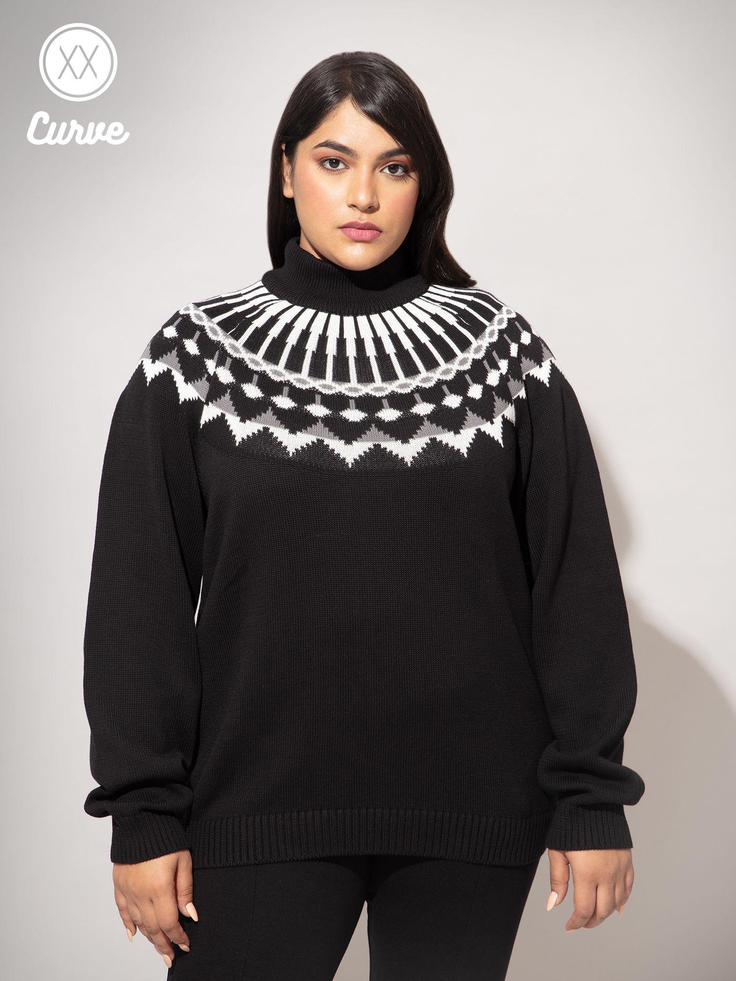 curve black geometric jacquard turtle neck sweater