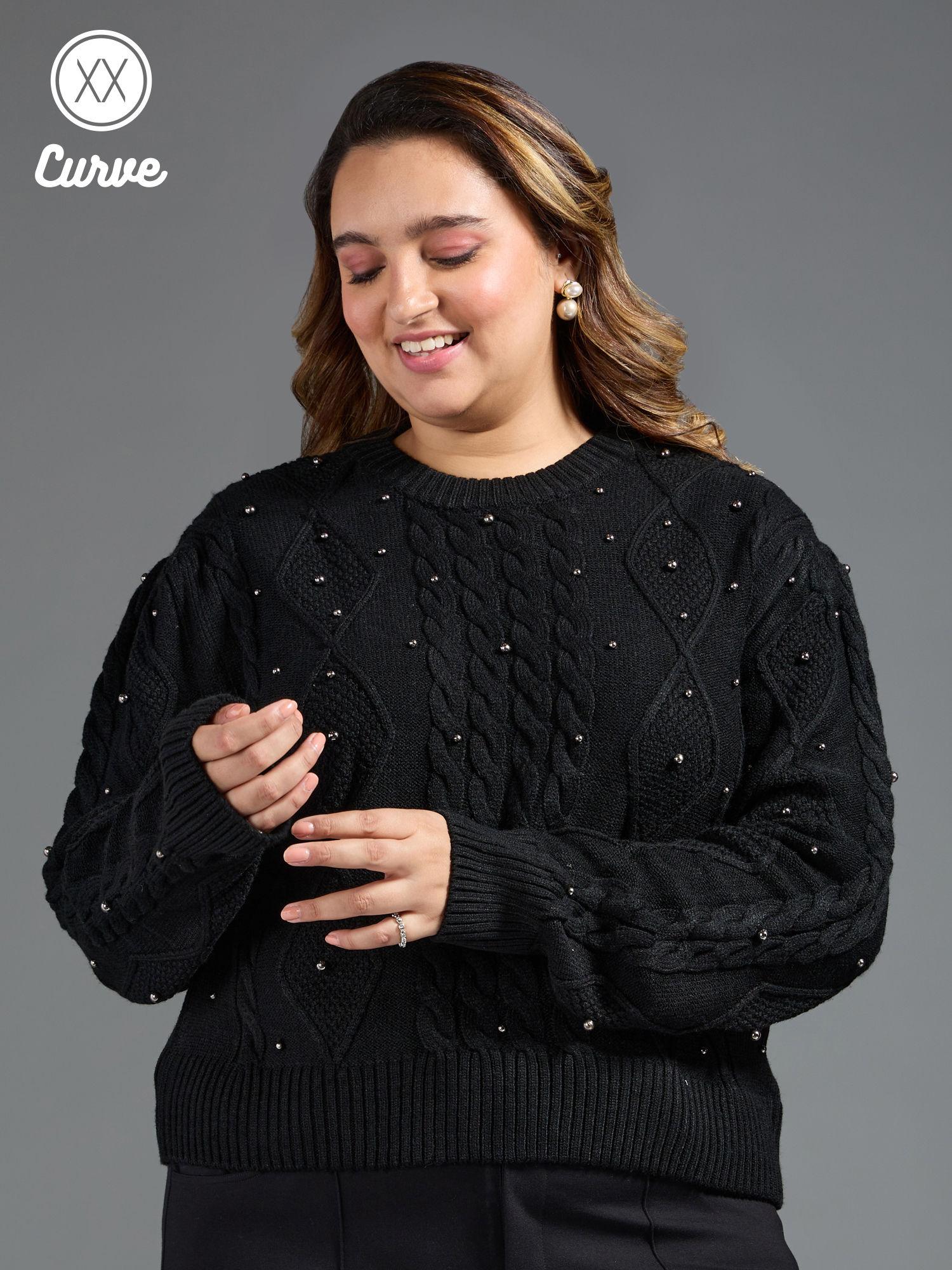 curve black pearl embellished crew neck sweater top