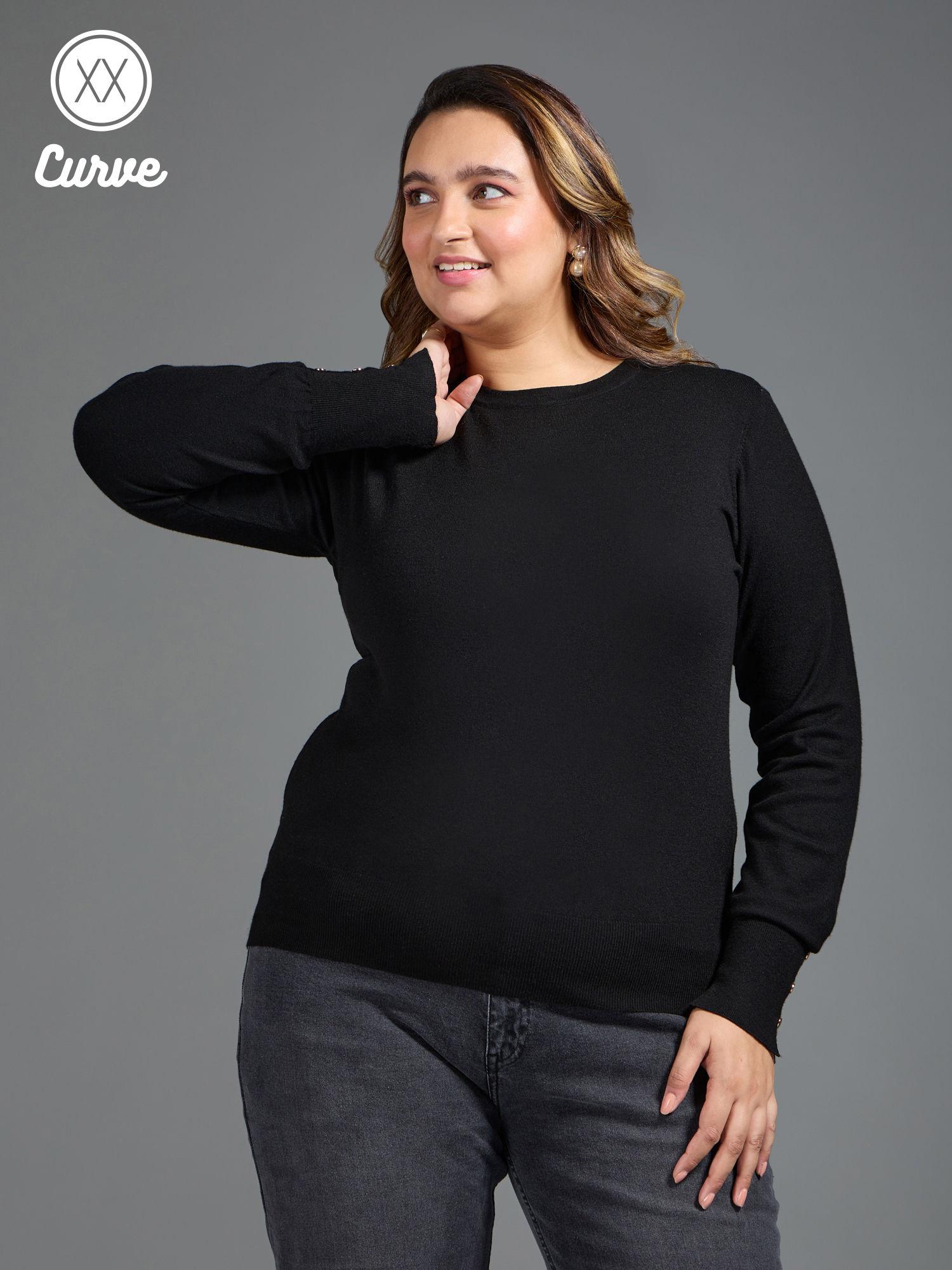 curve black solid buttoned cuffs sweater top