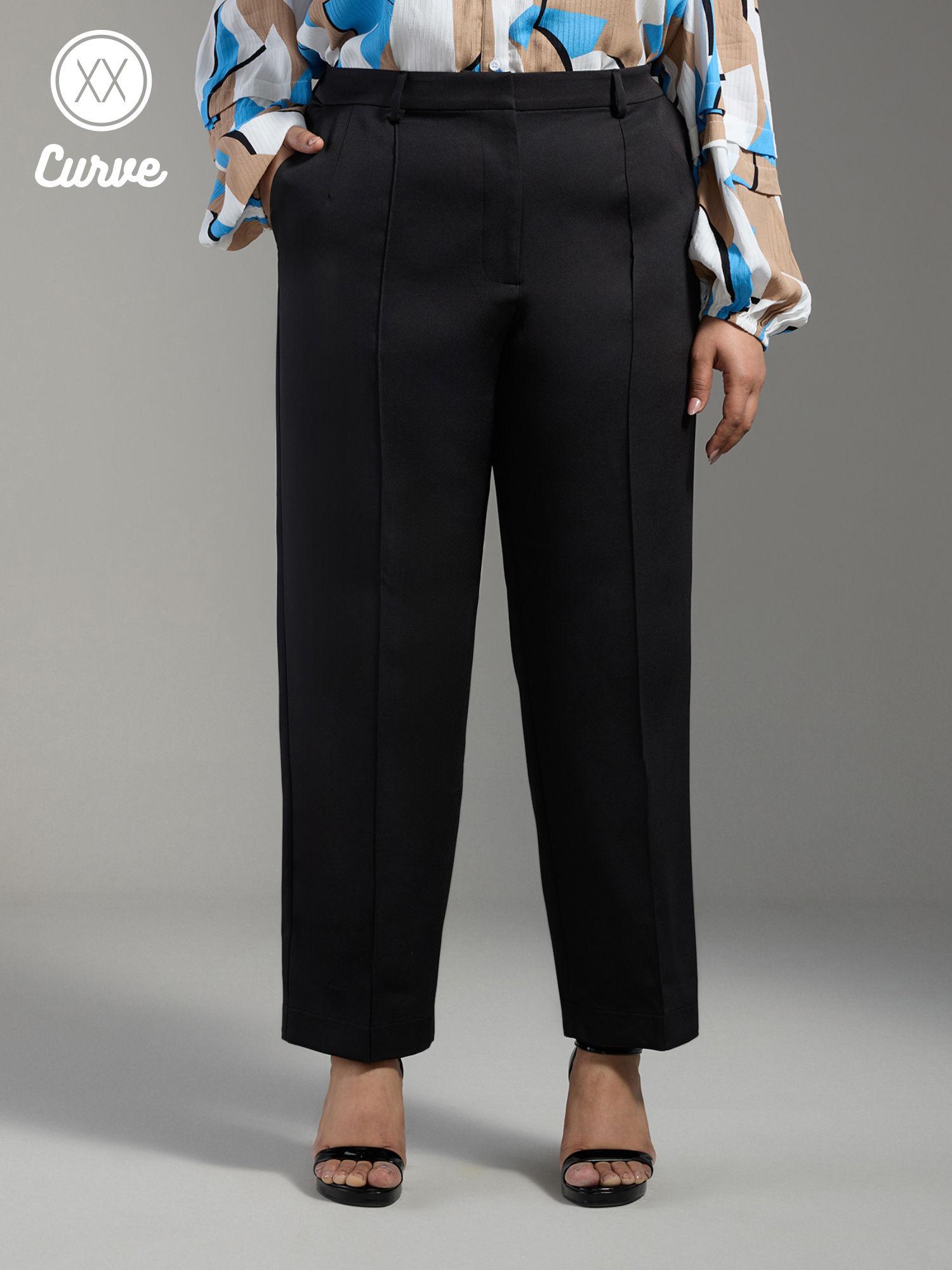 curve black solid pin tuck tapered work trousers