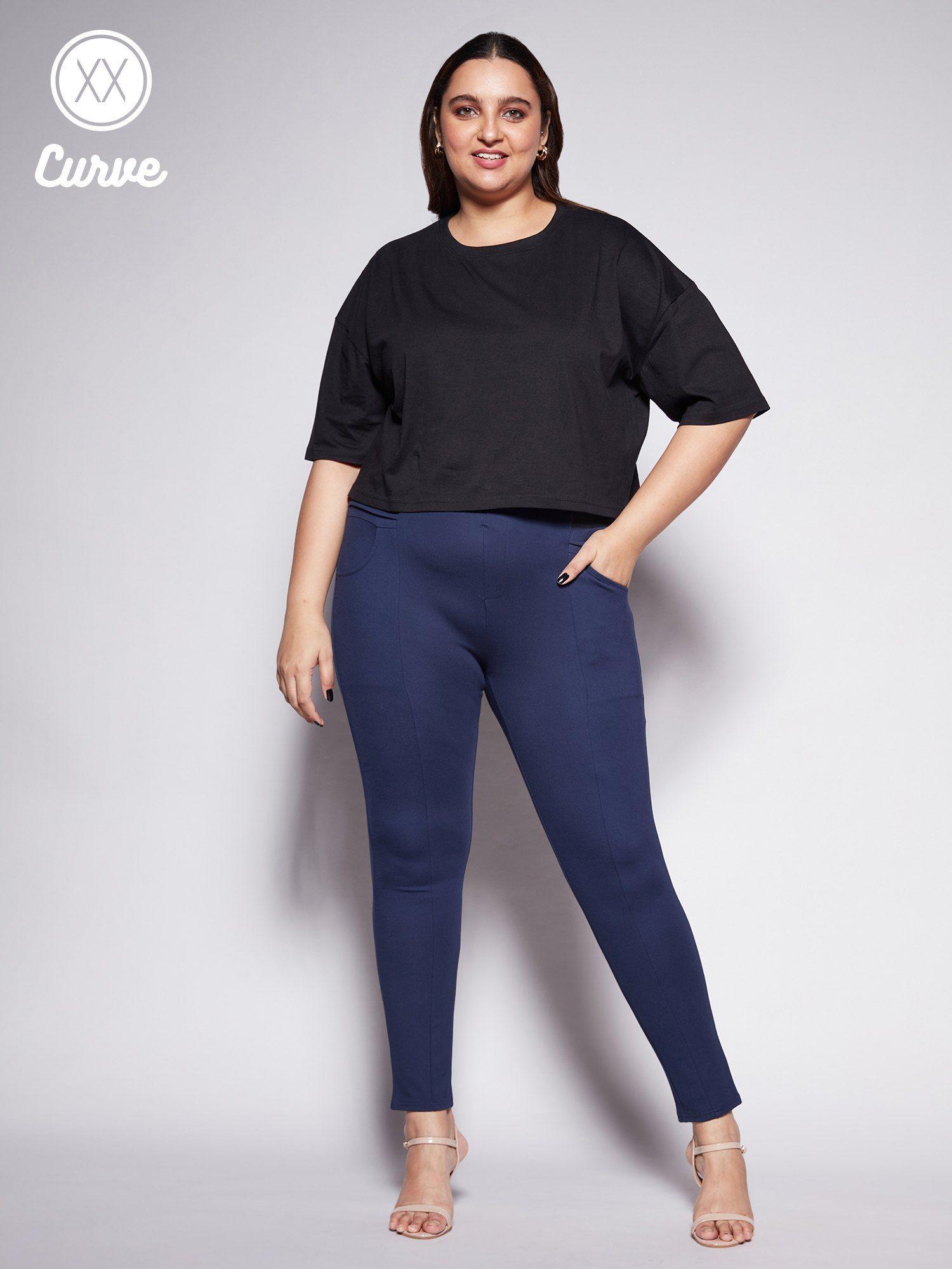 curve black solid round neck loose basics crop t-shirt