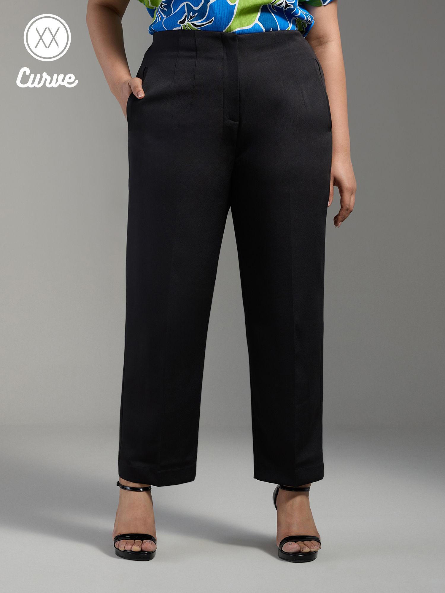 curve black solid tapered high waist work trousers