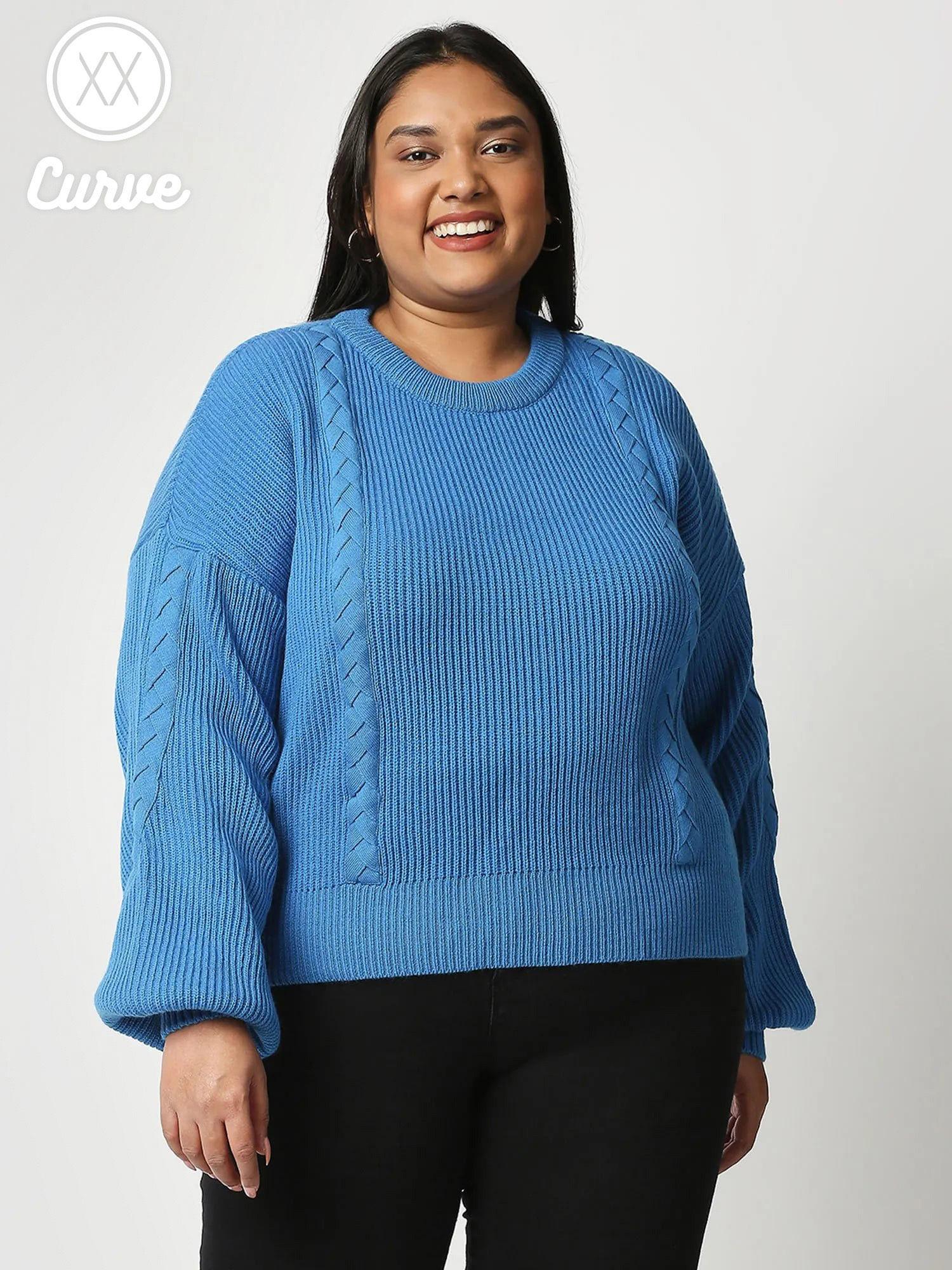 curve blue braided crew neck sweater