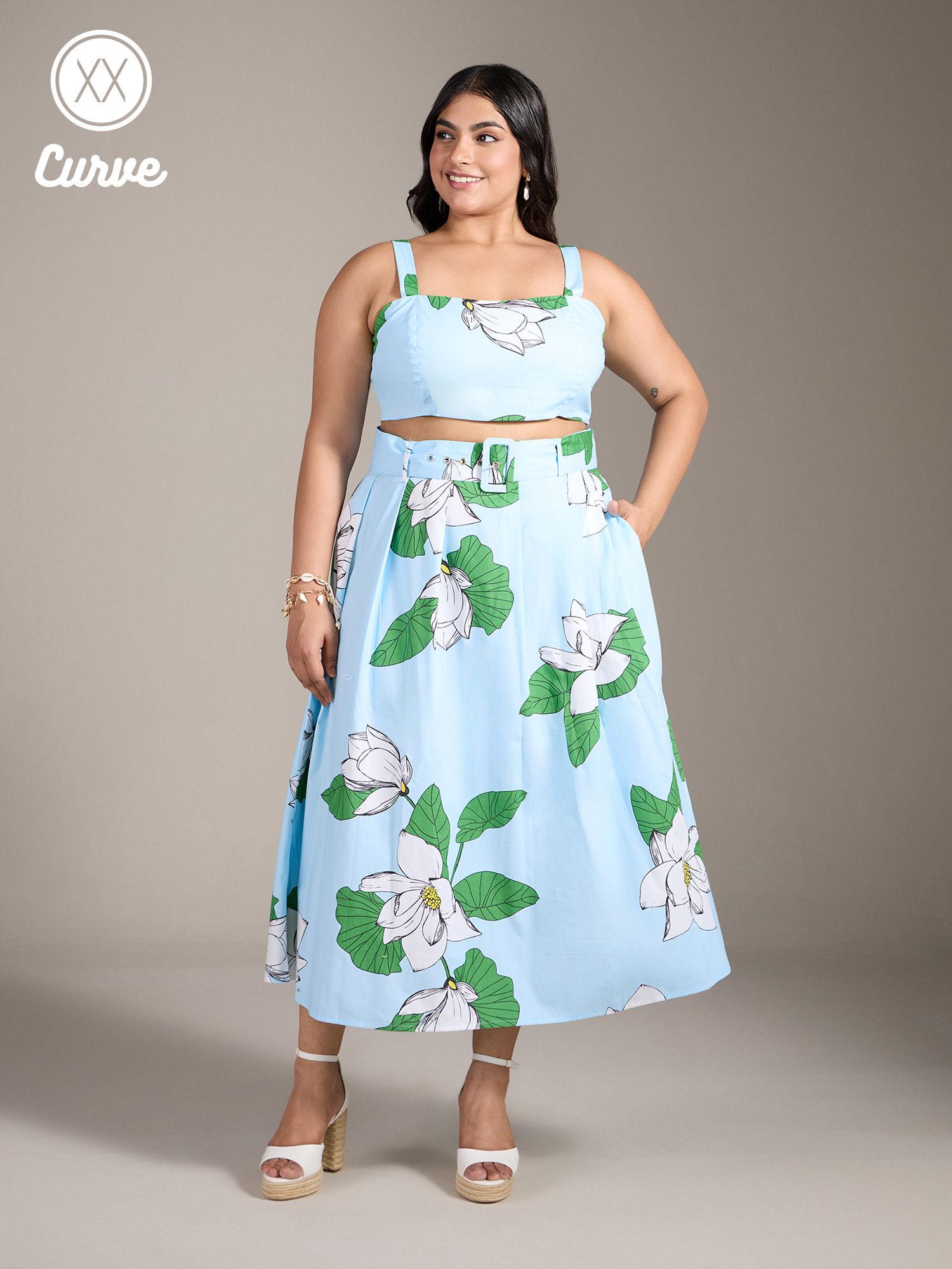 curve blue floral crop top flared midi skirt co ord (set of 3)