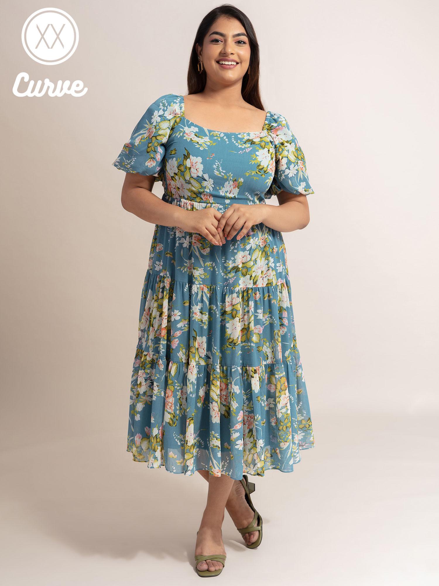 curve blue floral square neck midi dress