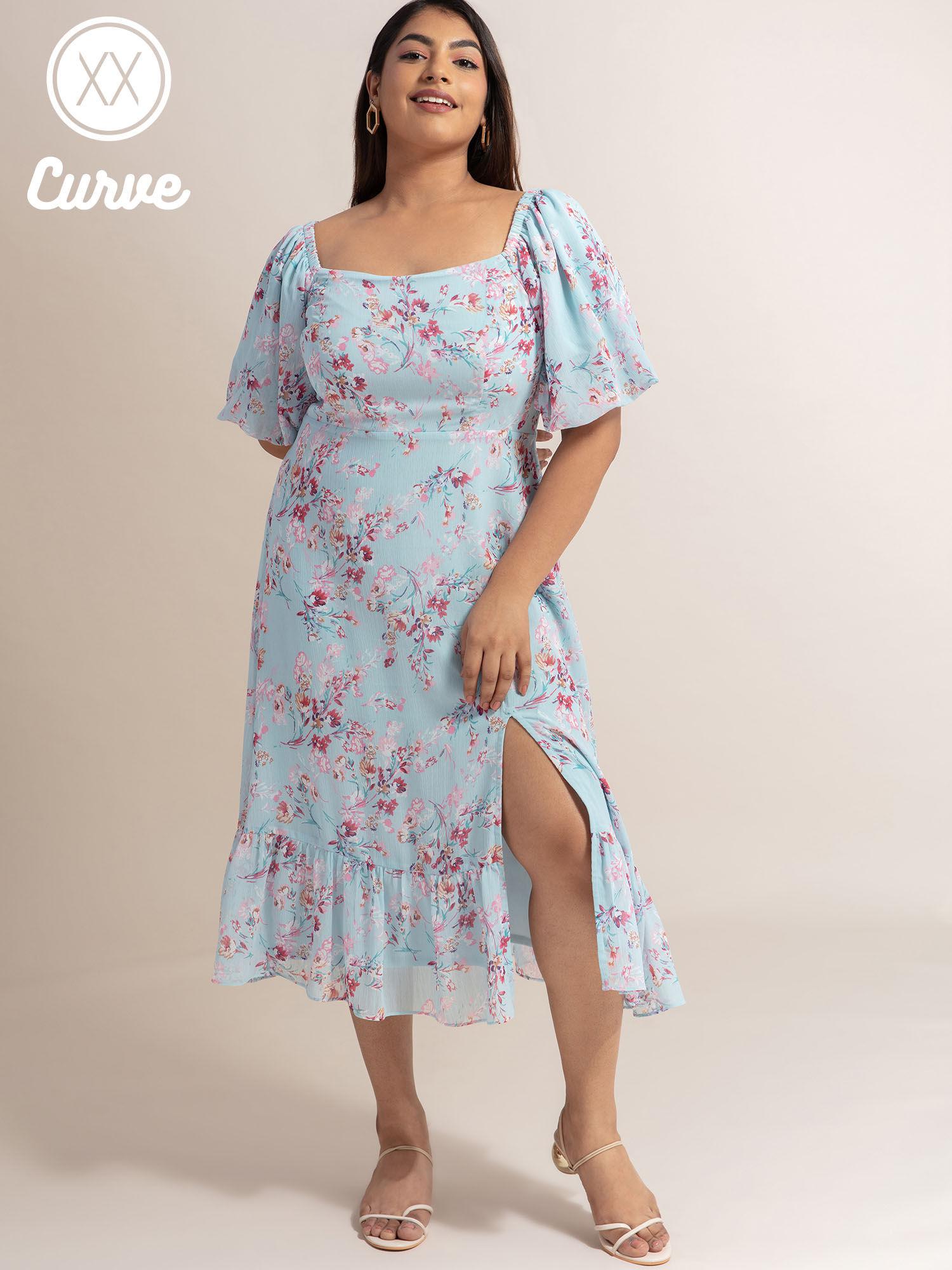 curve blue floral square neck midi dress