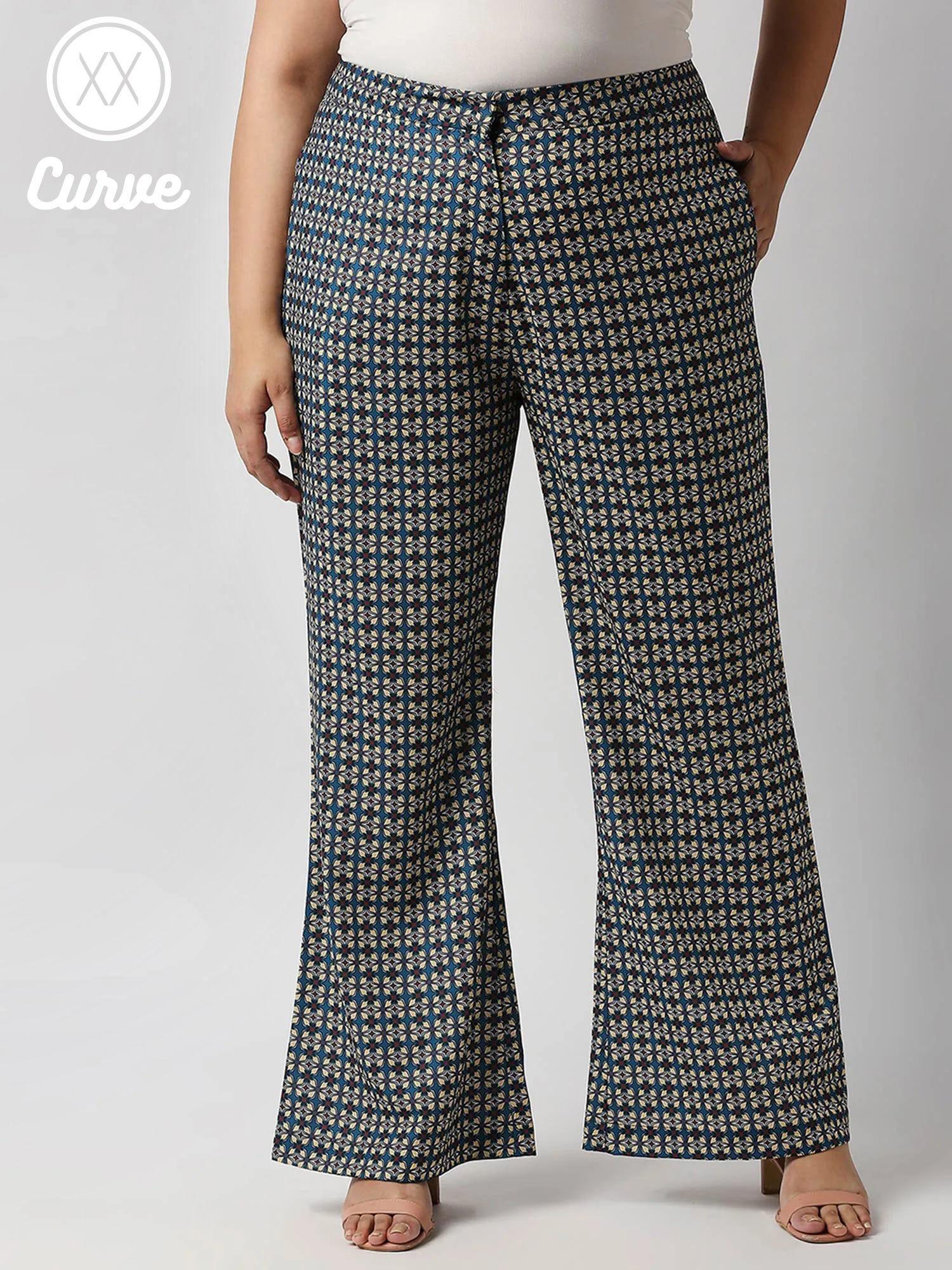 curve blue printed fit and flare pants