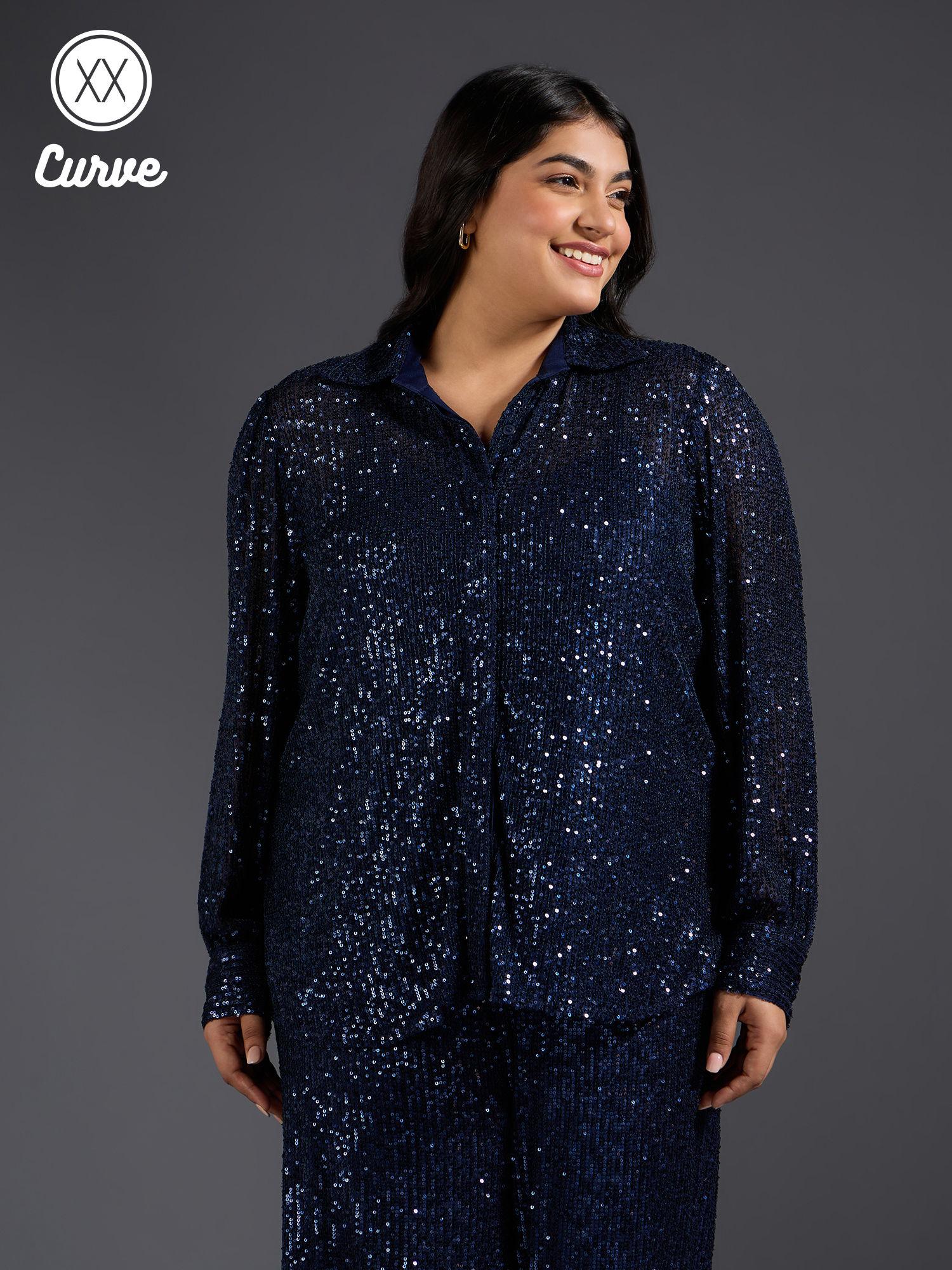 curve blue sequinned puff sleeve shirt
