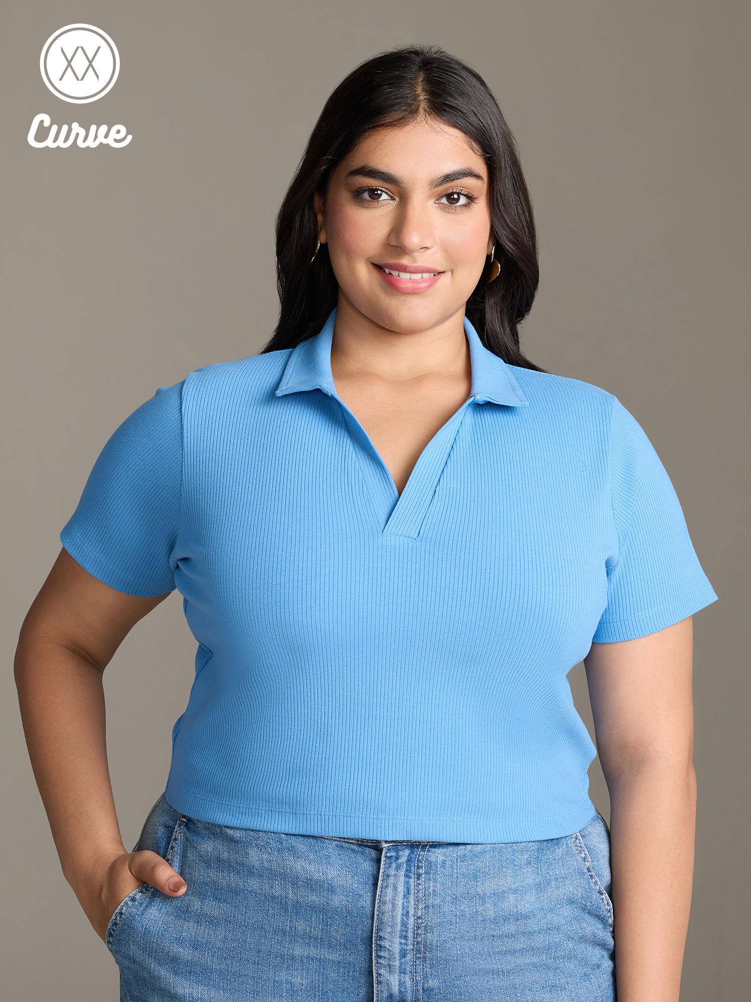 curve blue solid collared neck short sleeves crop t-shirt