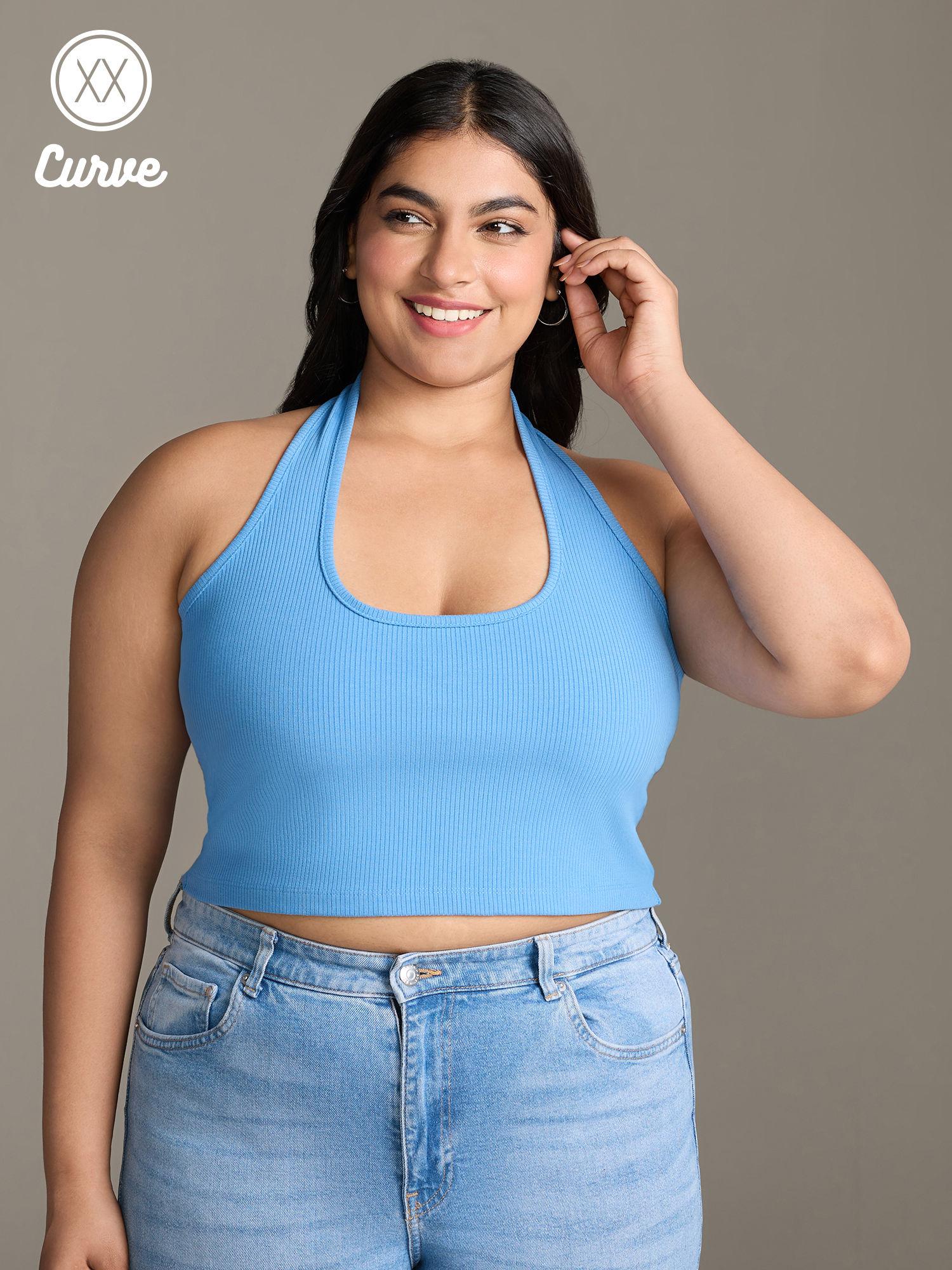 curve blue solid halter neck sleeveless crop t-shirt