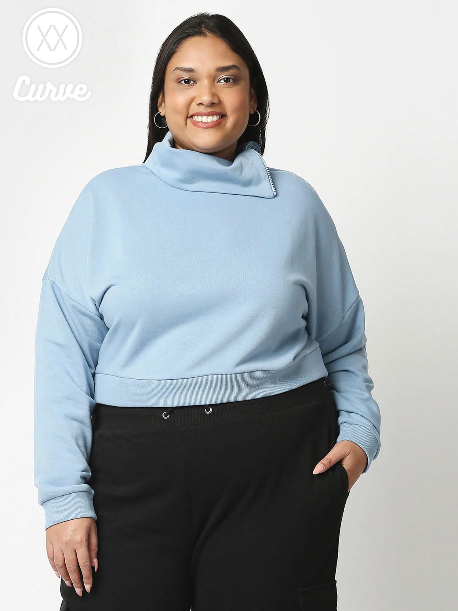 curve blue solid high neck basics sweatshirt