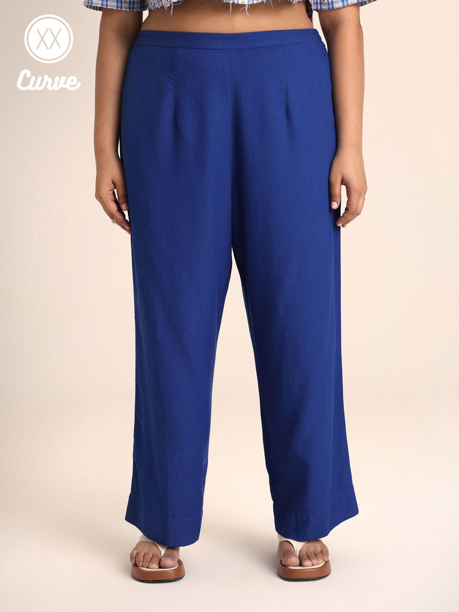 curve blue solid straight fit pant