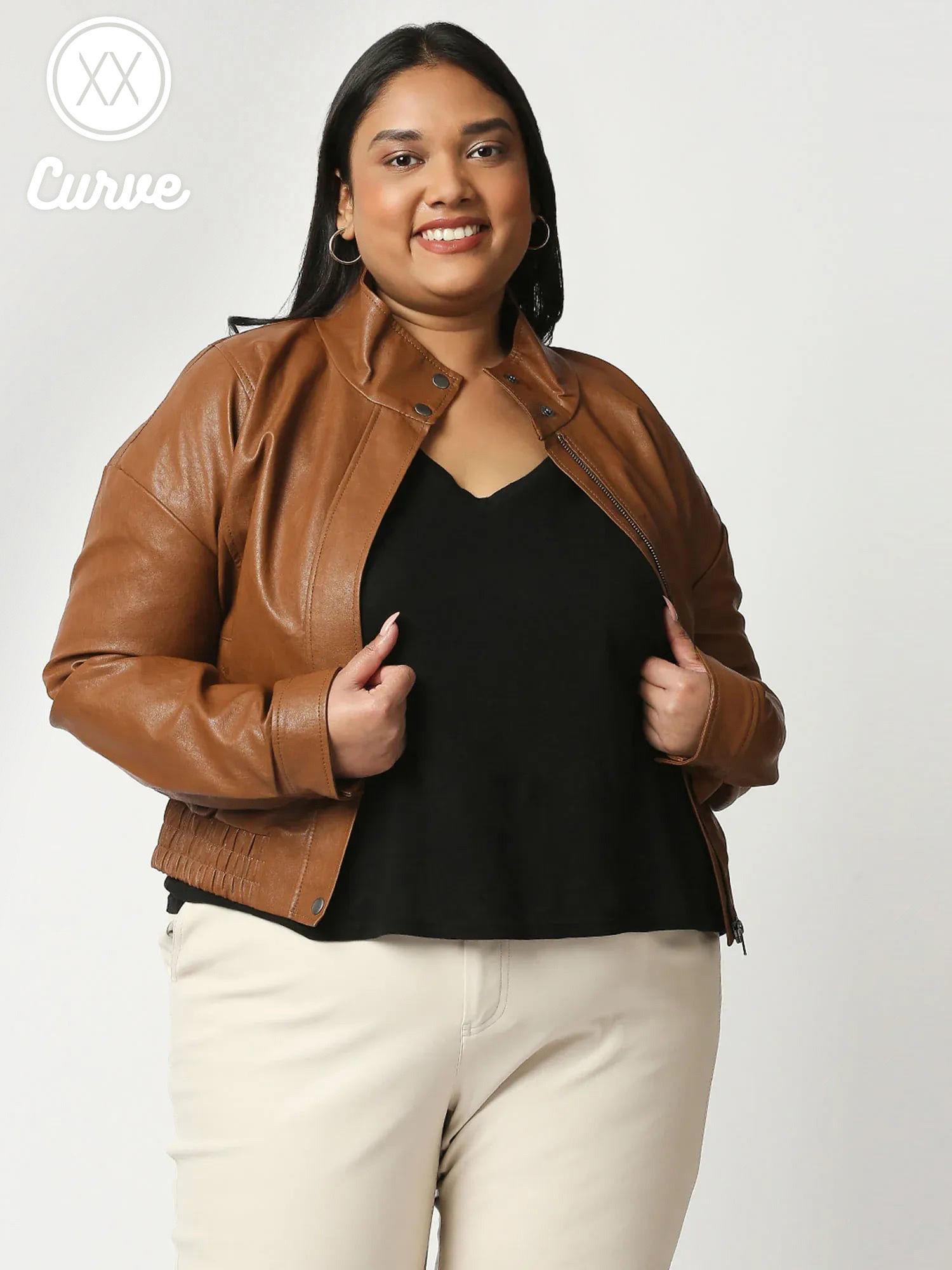 curve brown solid mandarin neck leather jackets