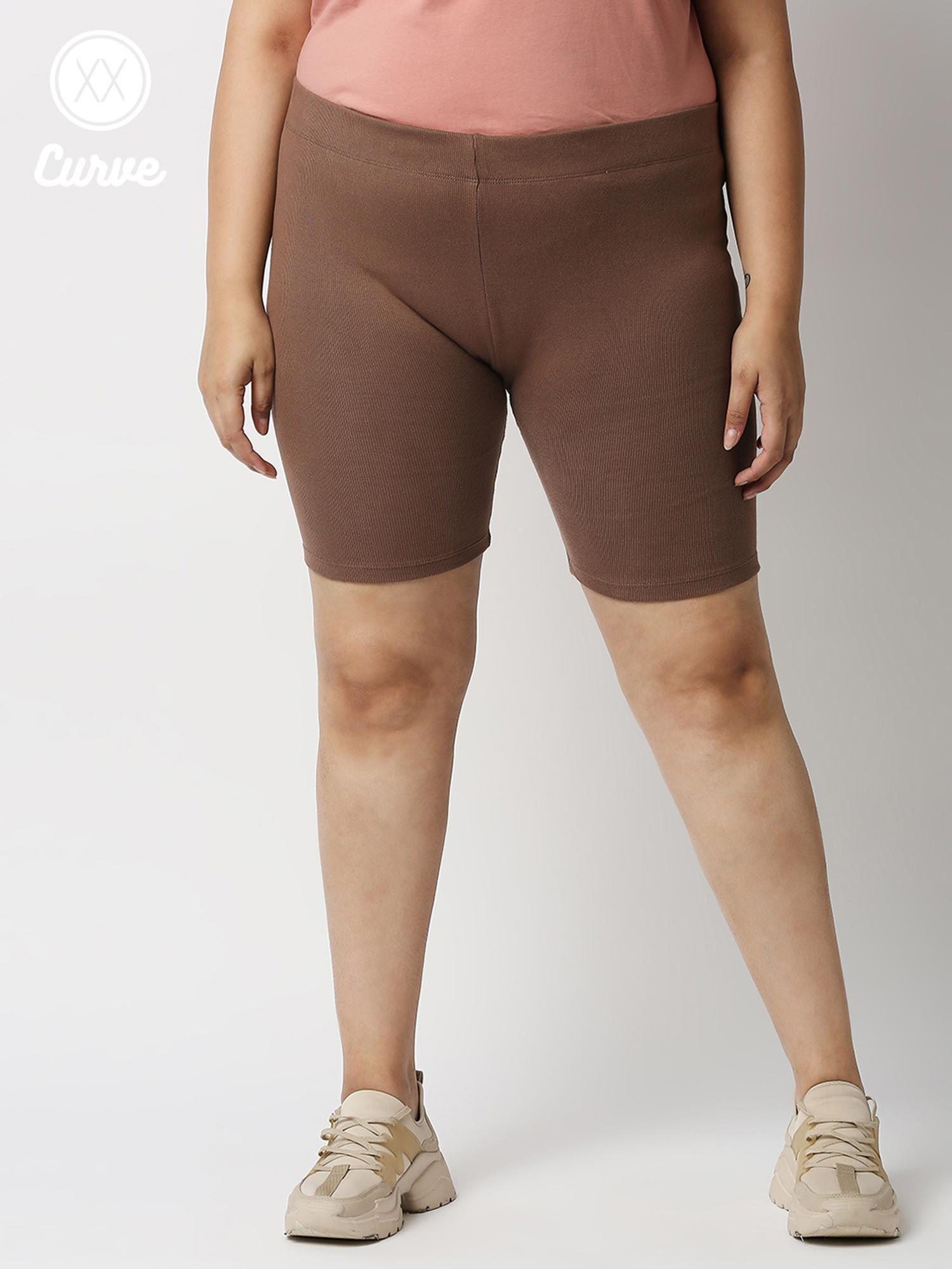 curve brown solid ribbed cycling shorts