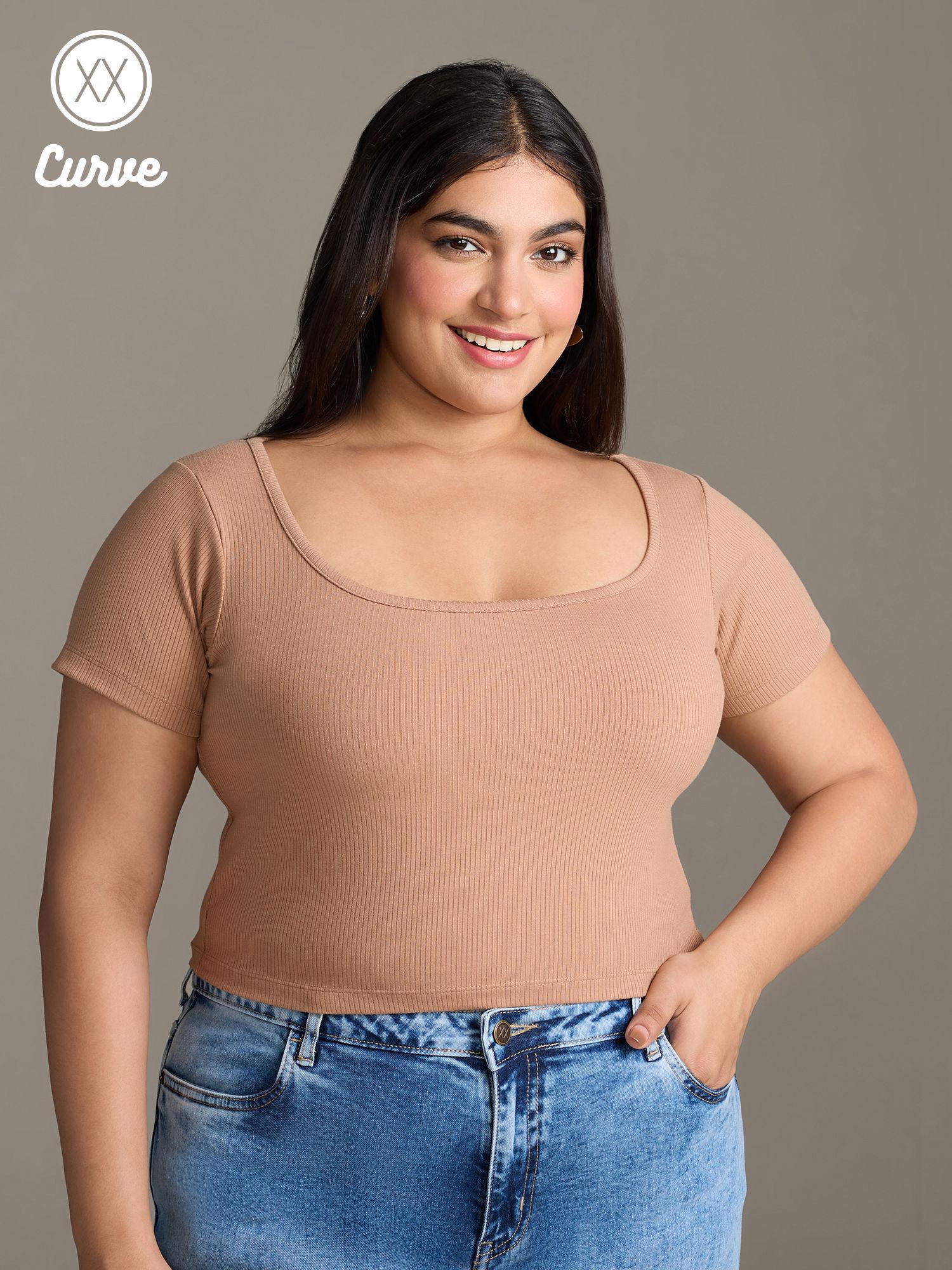 curve brown solid square neck short sleeves crop t-shirt