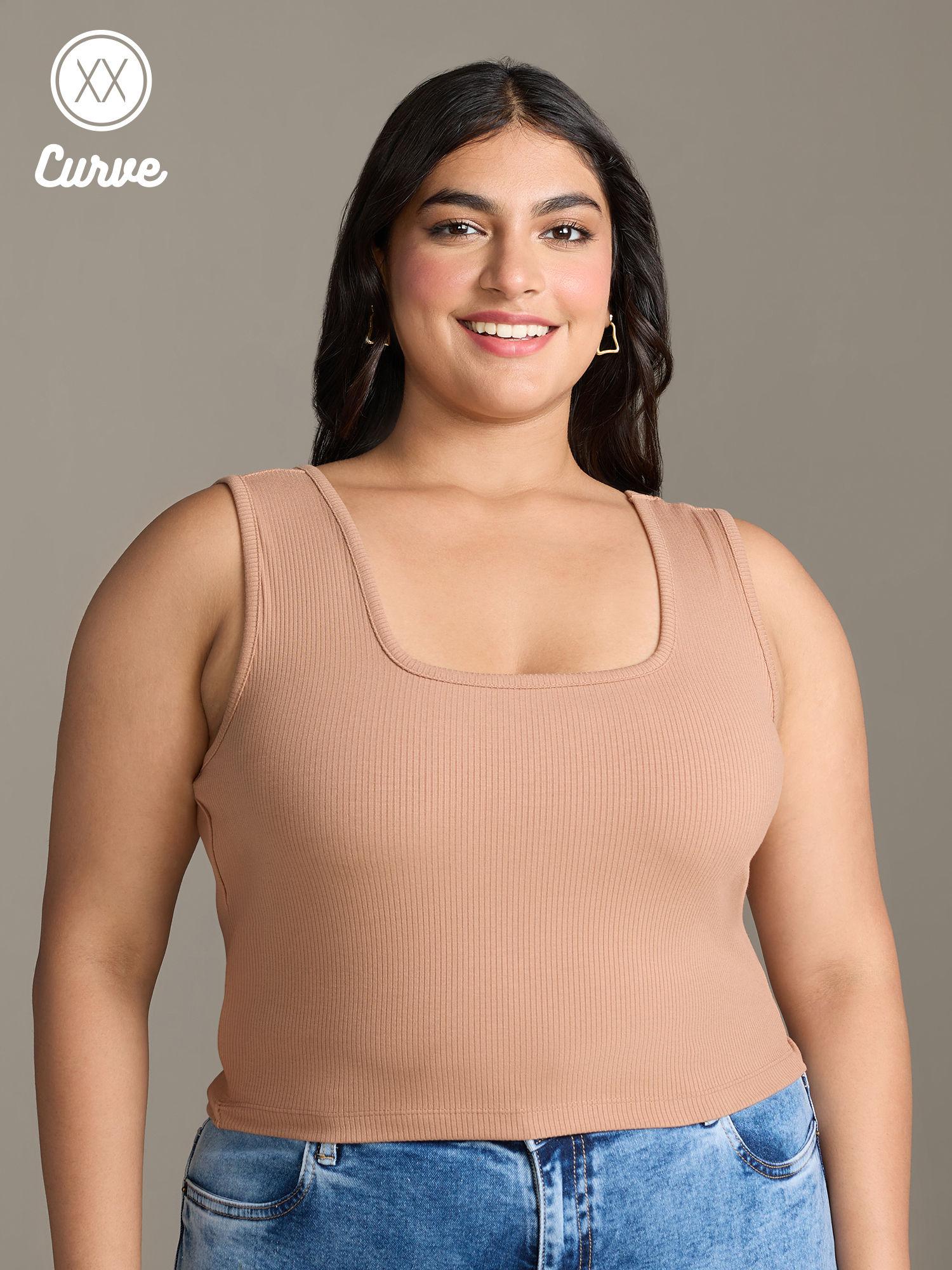 curve brown solid square neck sleeveless crop t-shirt