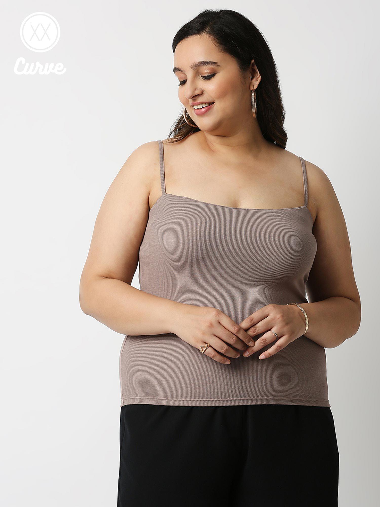 curve brown solid square neck strappy basics t shirt