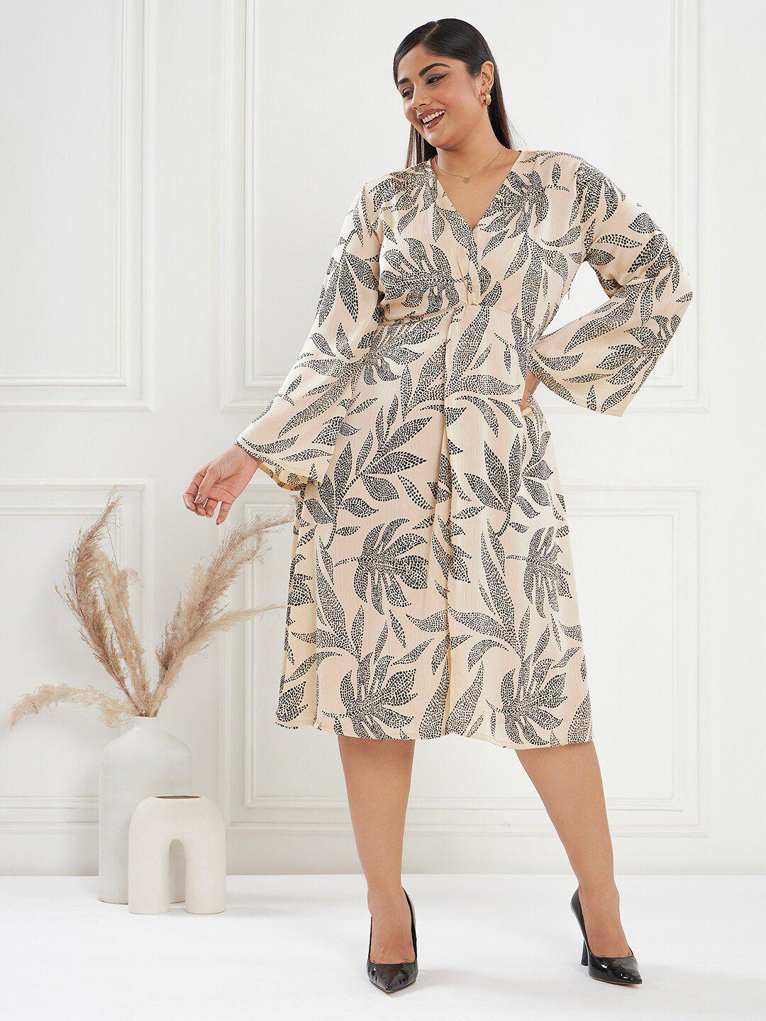 curve by kassually beige & black conversational printed v-neck  a-line dress