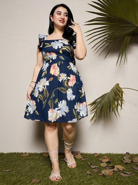 curve by kassually blue floral print fit & flare dress