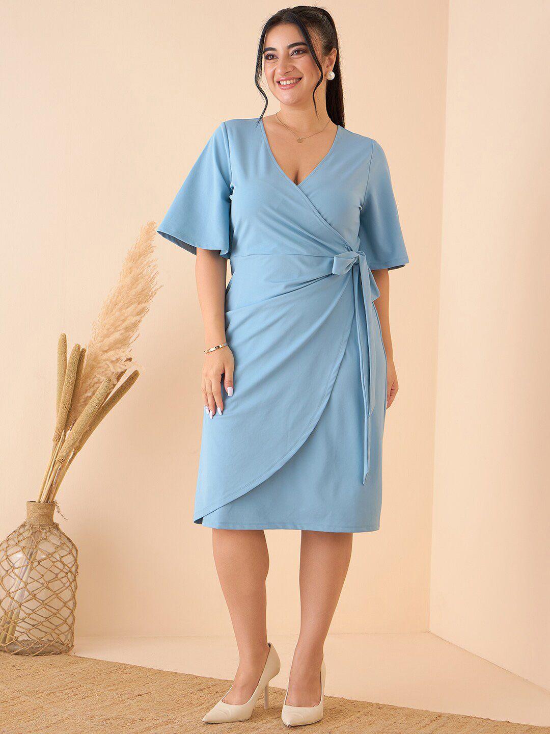 curve by kassually blue v-neck flared sleeves tie-ups wrap dress