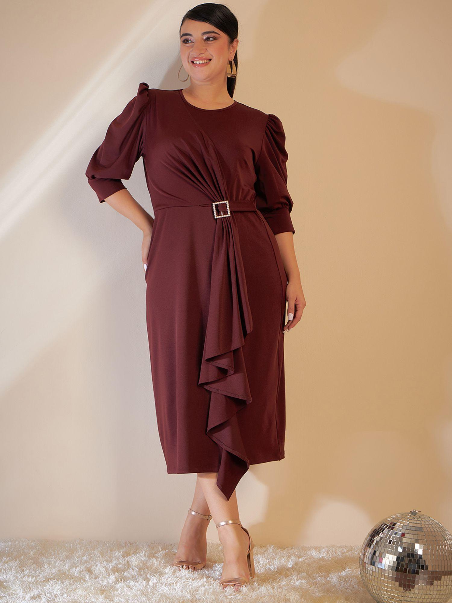 curve by kassually brown front ruffle puff sleeves dress