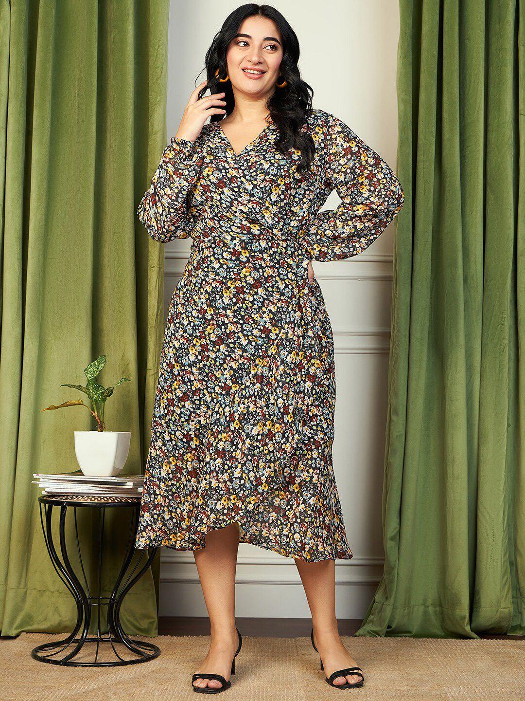 curve by kassually floral printed ruffled georgette wrap midi dress