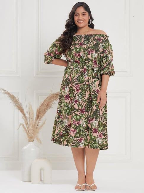 curve by kassually green & beige floral print a line dress