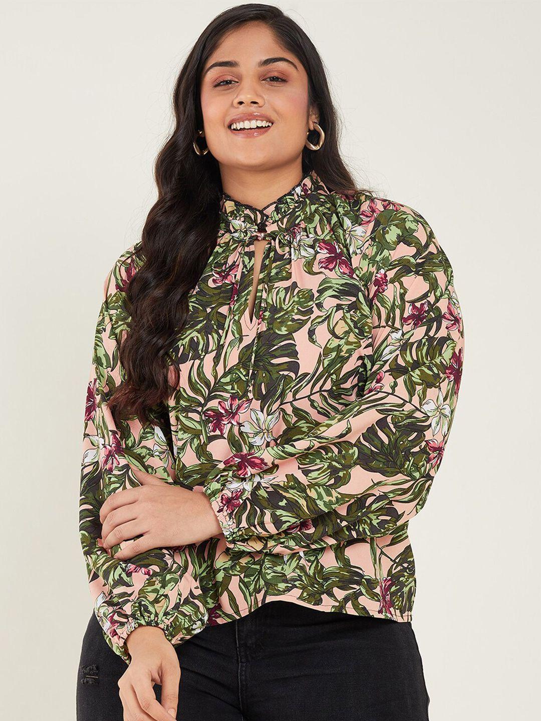 curve by kassually green plus size floral print tie-up neck crepe shirt style top