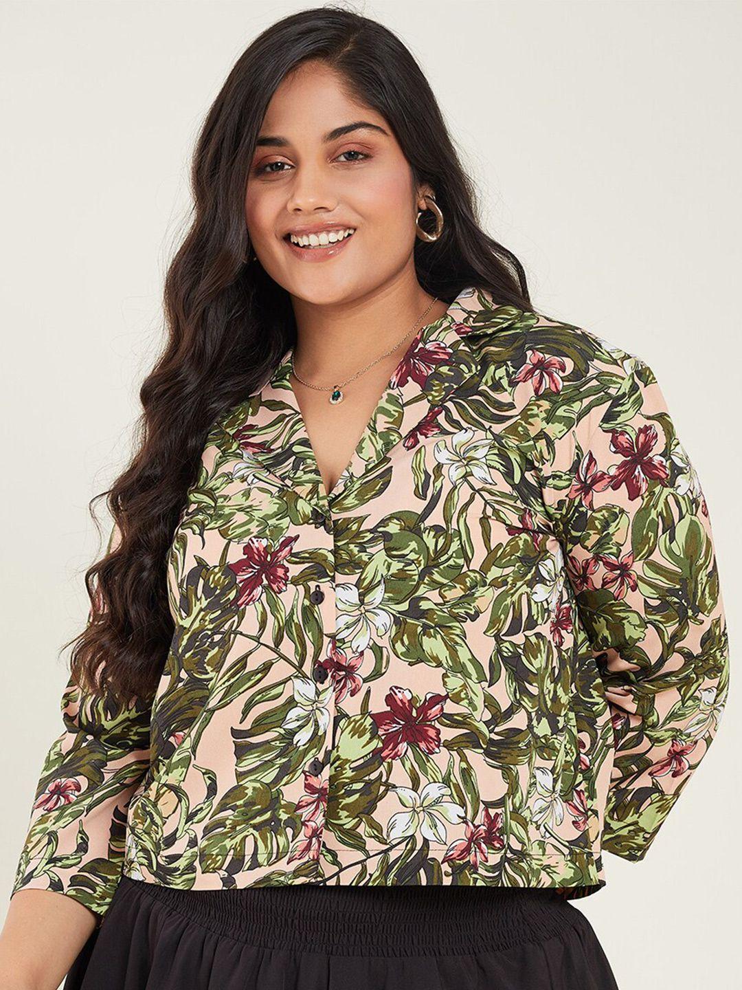 curve by kassually green plus size floral printed spread collar casual shirt