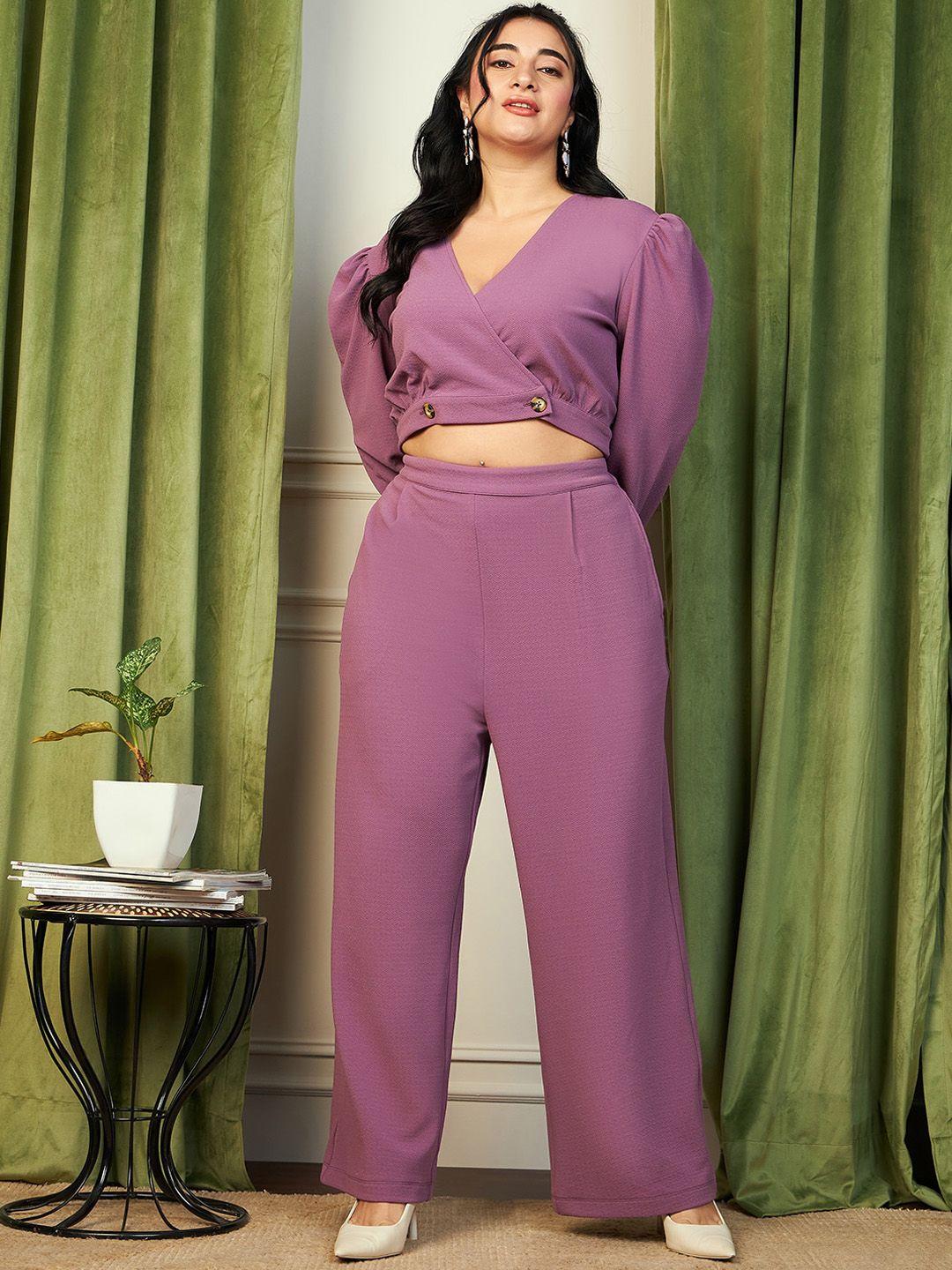 curve by kassually lavender puff sleeves v-neck wrap crop top & trouser