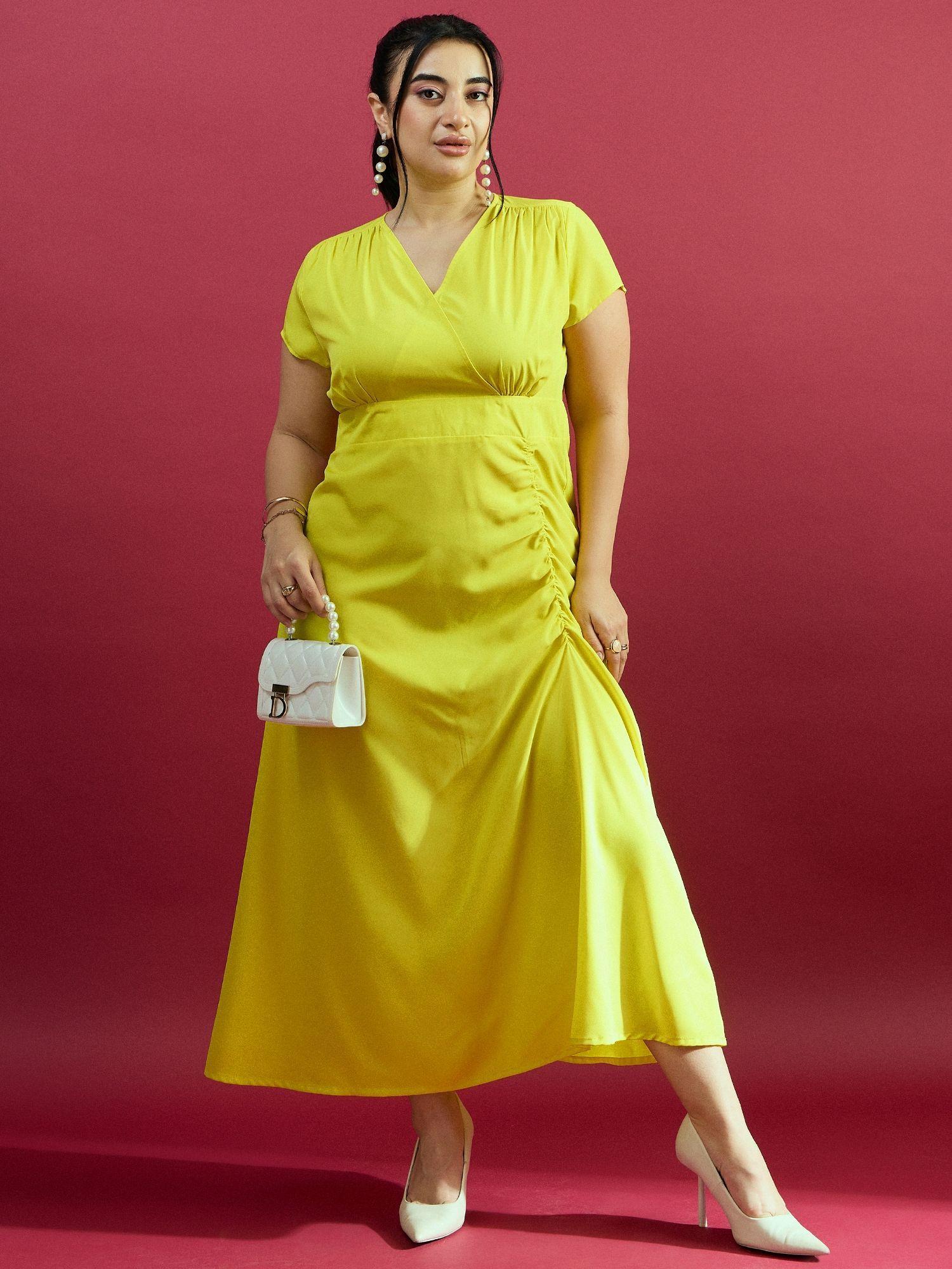 curve by kassually lemon yellow v neck solid ruched dress