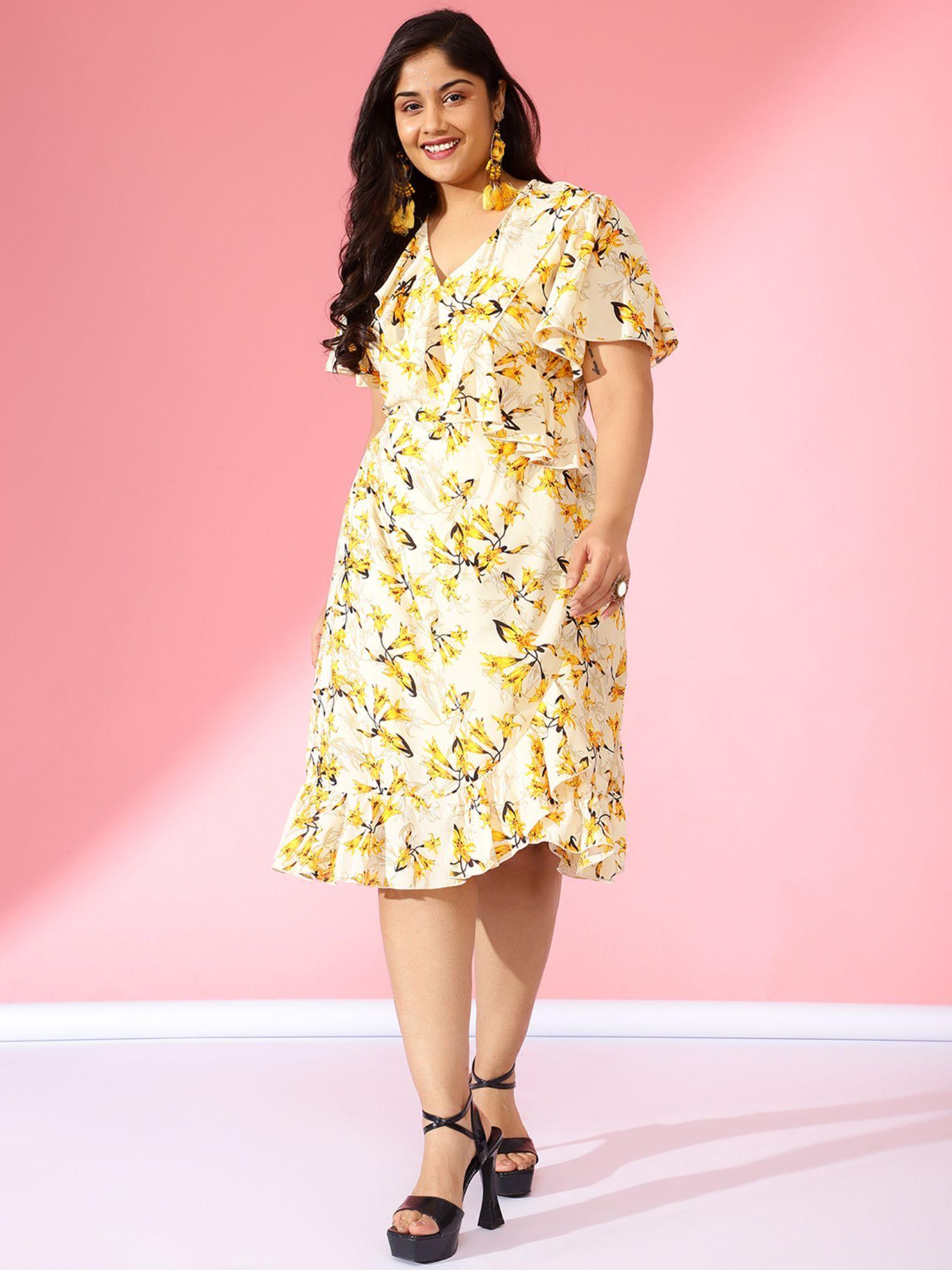 curve by kassually light yellow floral v-neck midi dress