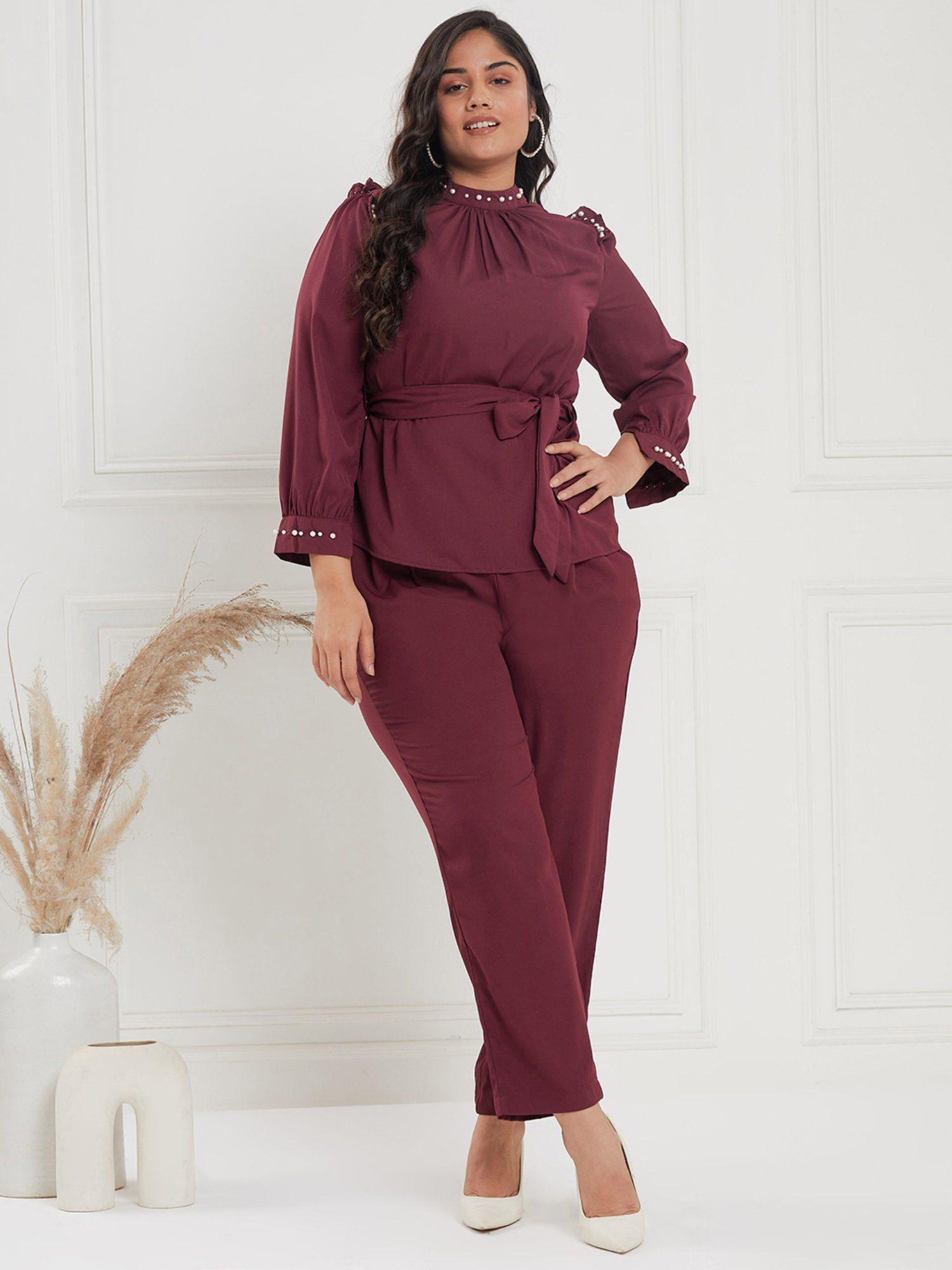 curve by kassually maroon high neck collar full sleeve top with pants & belt