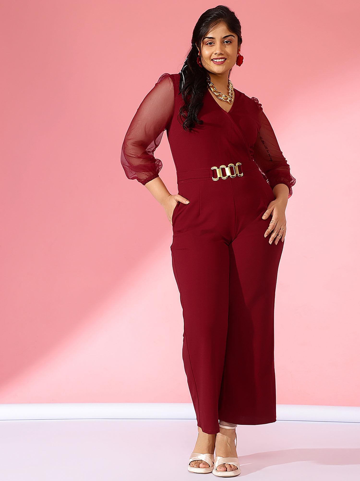 curve by kassually maroon mesh net full sleeve jumpsuit