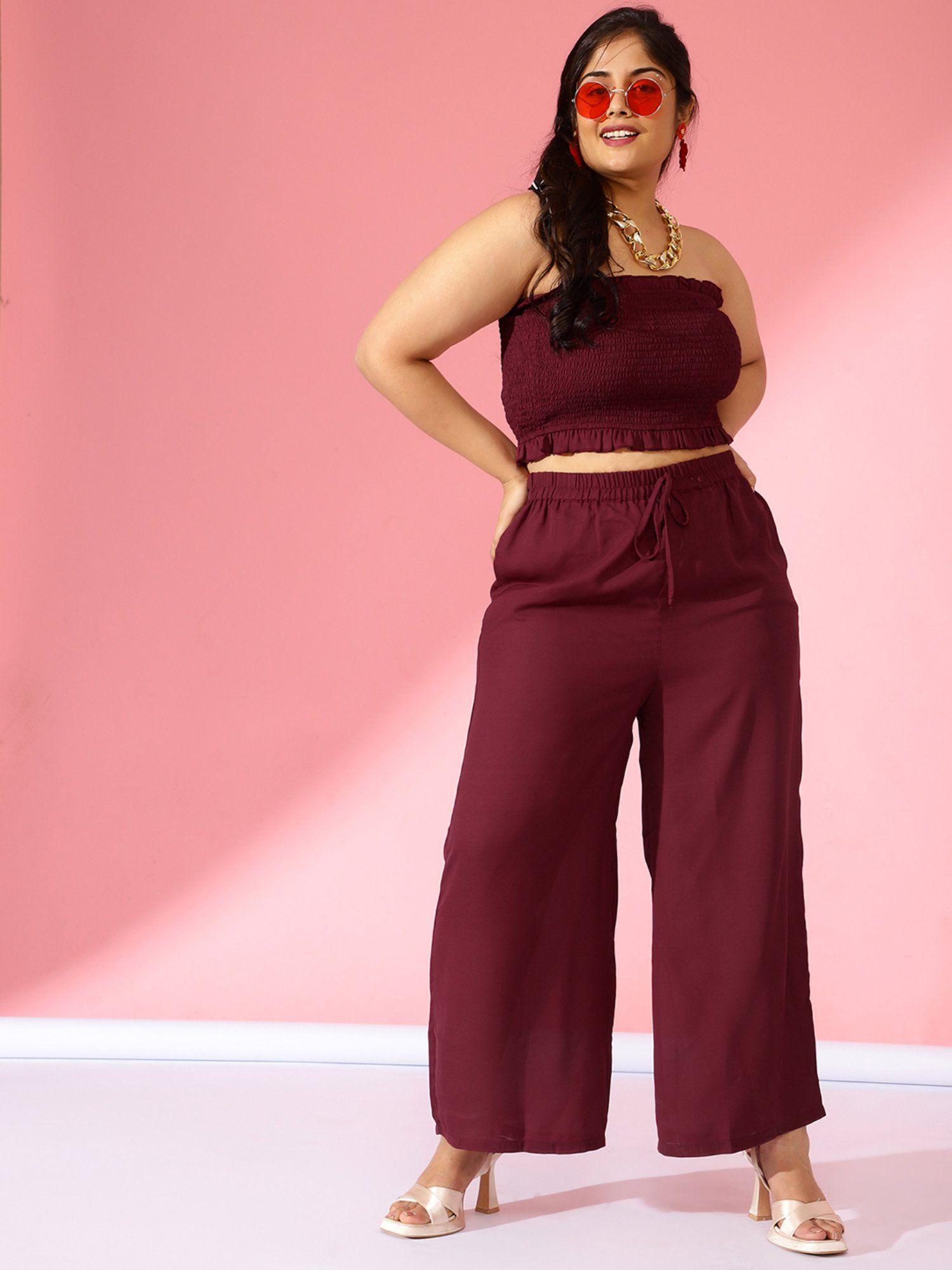 curve by kassually maroon strappy smoked crop tube top with wide leg pants