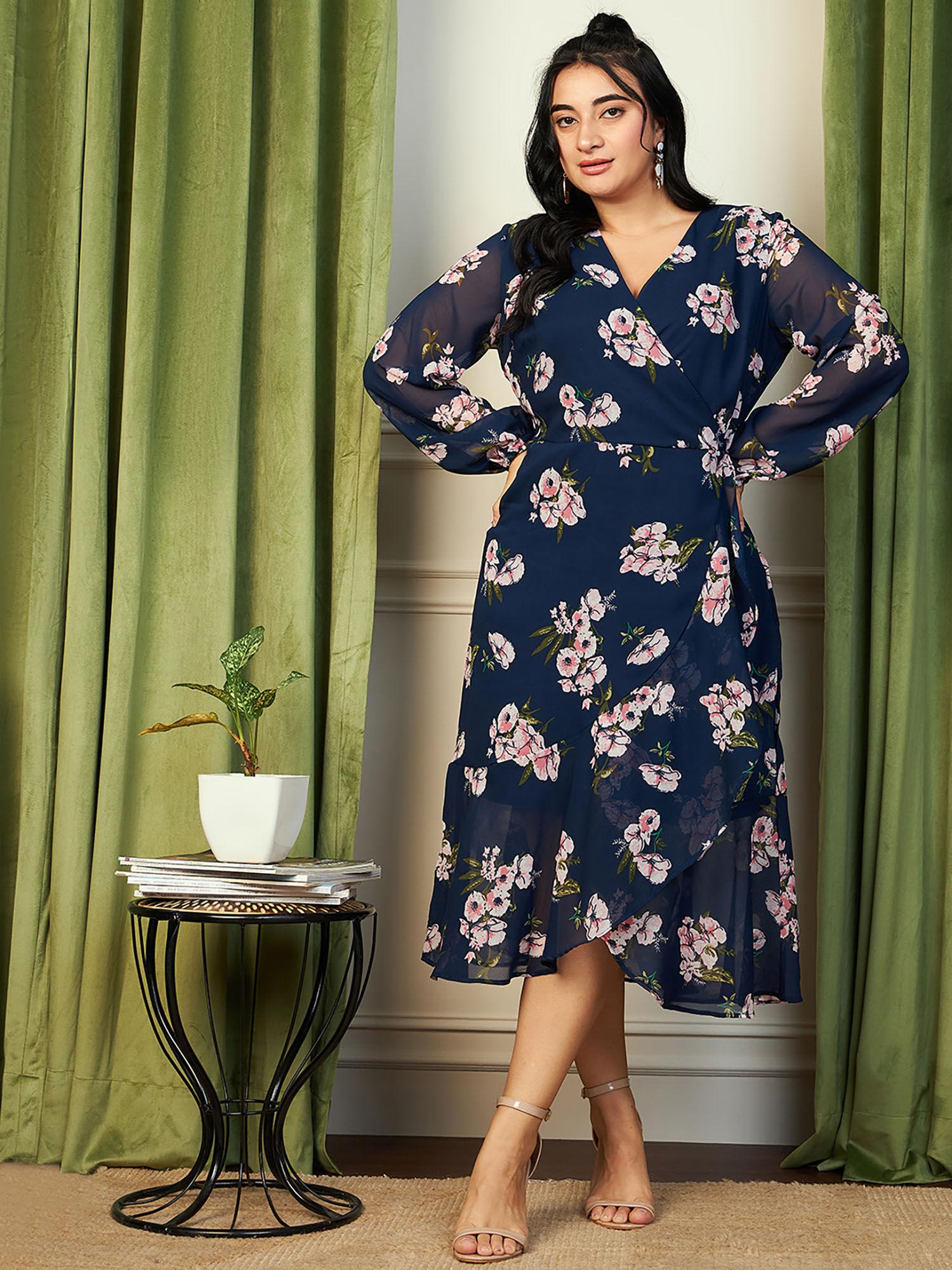 curve by kassually navy blue floral full sleeves overlap ruffle midi dress