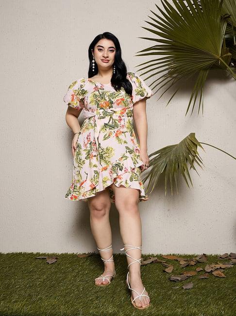 curve by kassually peach & green floral print skater dress