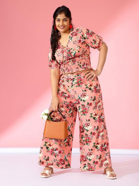 curve by kassually peach floral print top with pants