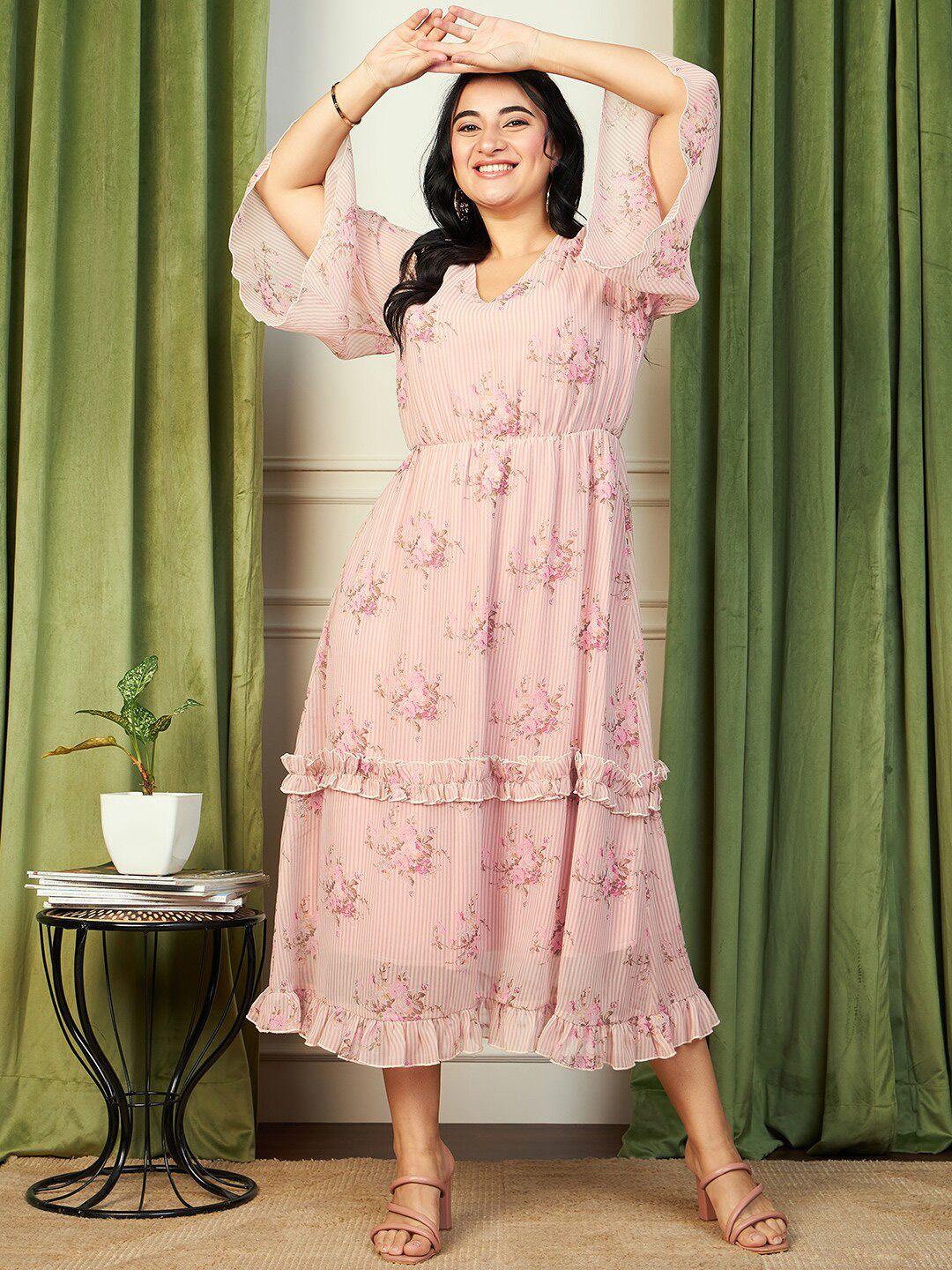 curve by kassually pink plus size floral printed georgette fit & flare midi dress