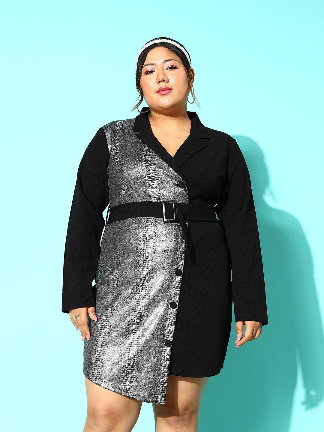 curve by kassually plus size black animal colourblocked scuba mini blazer dress with belt