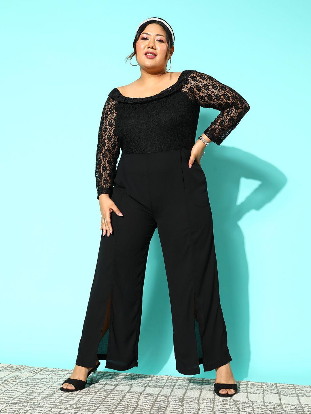 curve by kassually plus size black basic jumpsuit with lace inserts