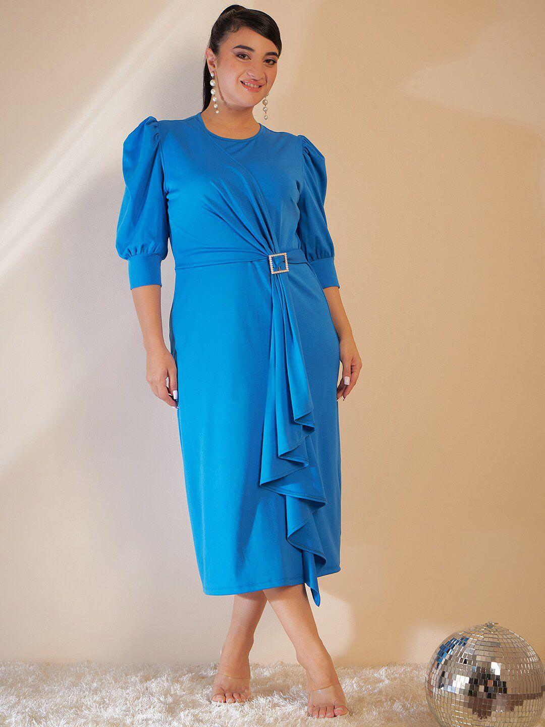 curve by kassually plus size blue puff sleeve ruffled sheath midi dress