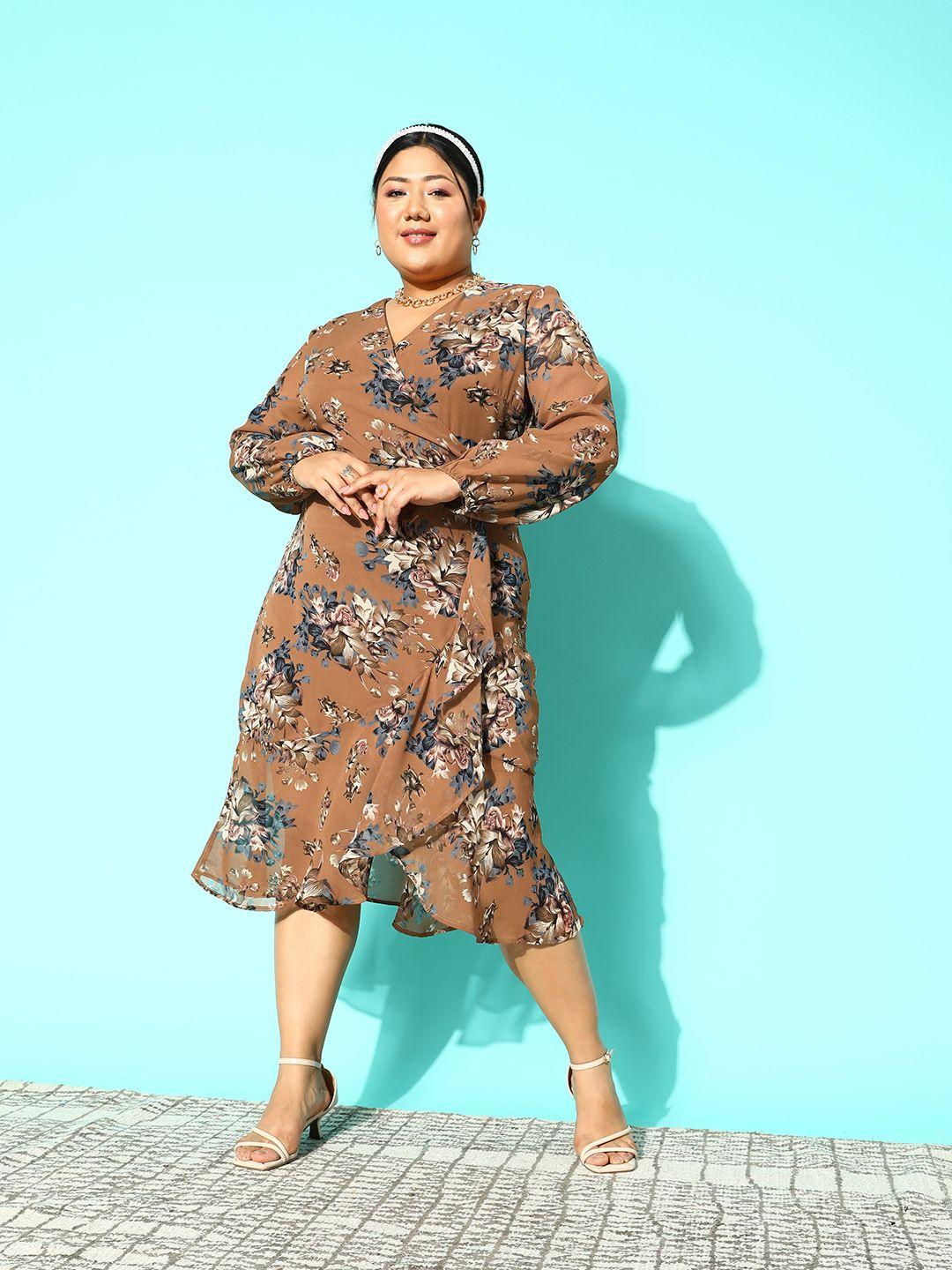 curve by kassually plus size brown & multicoloured floral georgette midi wrap dress