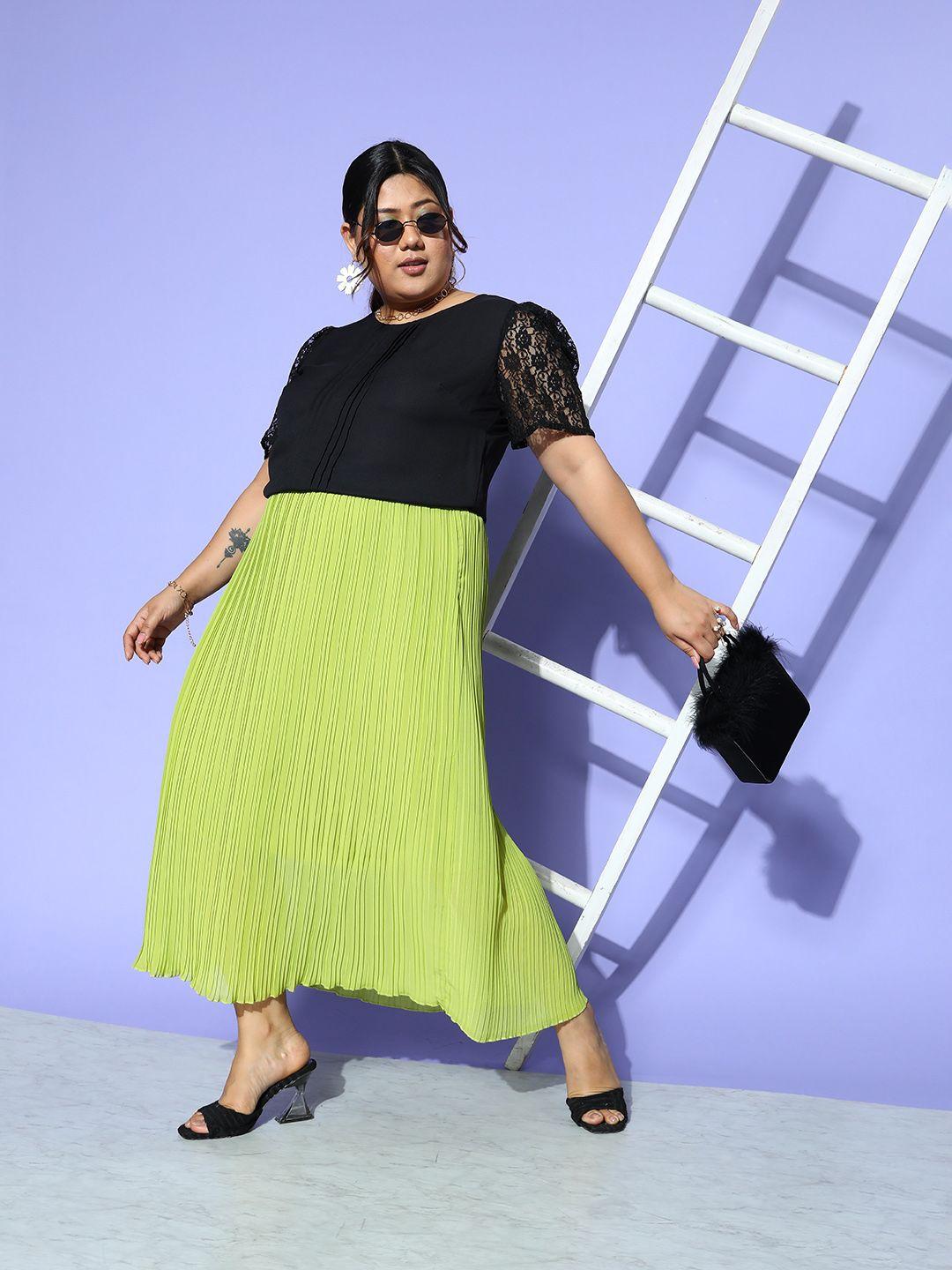 curve by kassually plus size green accordion pleated flared georgette midi skirt