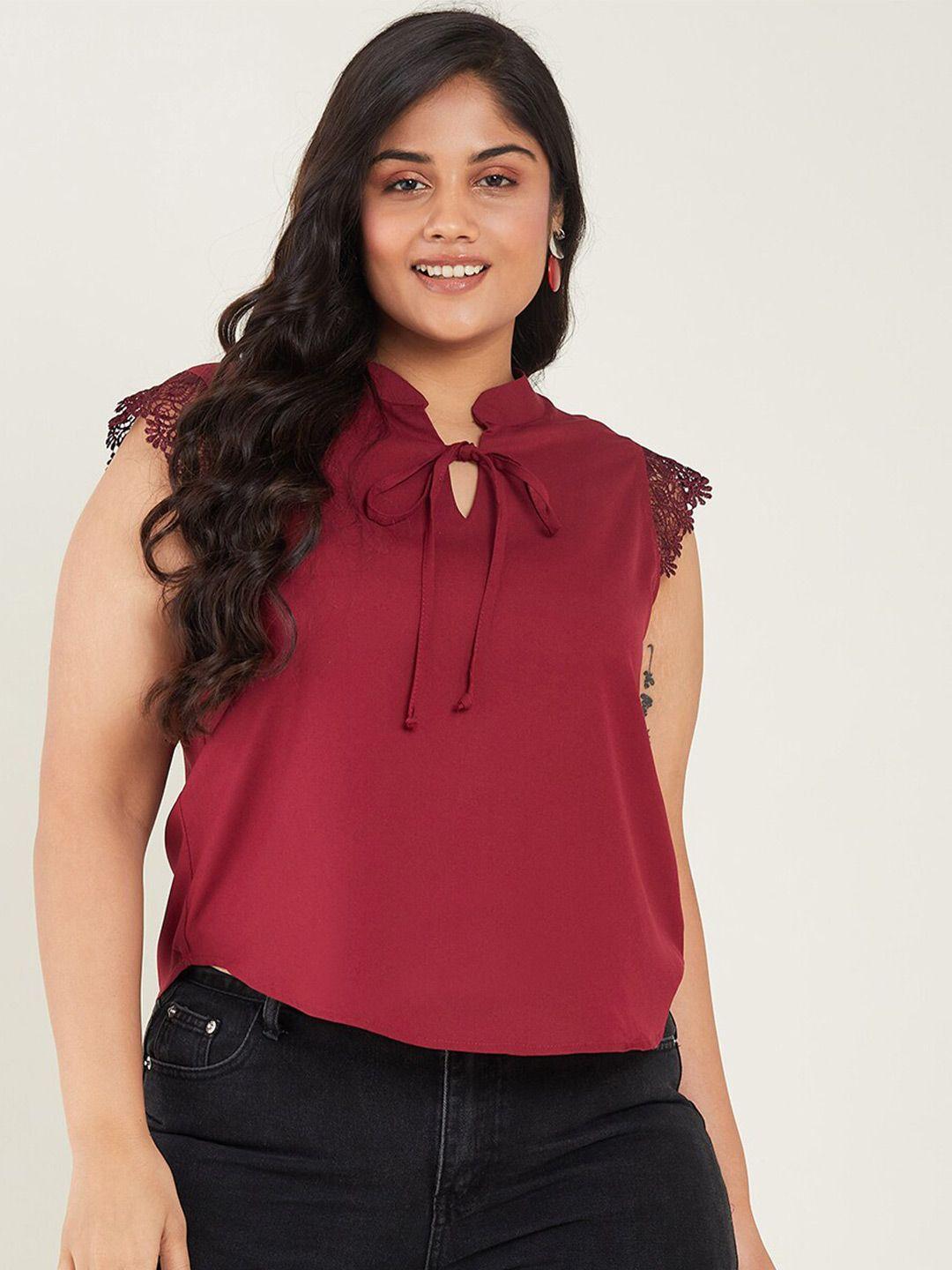 curve by kassually plus size maroon tie-up neck laced top