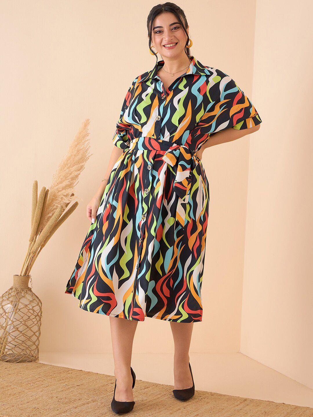 curve by kassually plus size navy blue abstract printed tie-up shirt midi dress