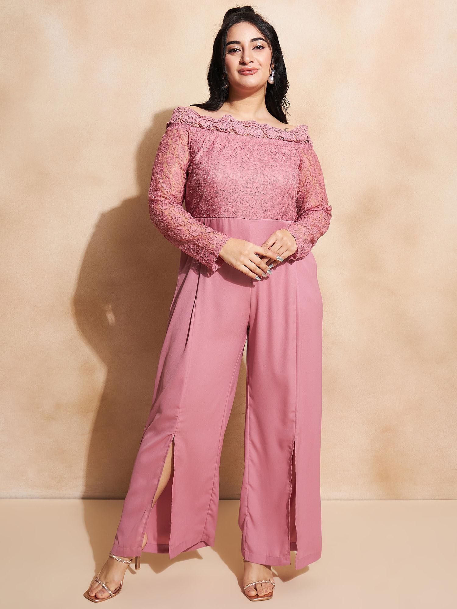 curve by kassually plus size onion pink off-shoulder net jumpsuit with belt